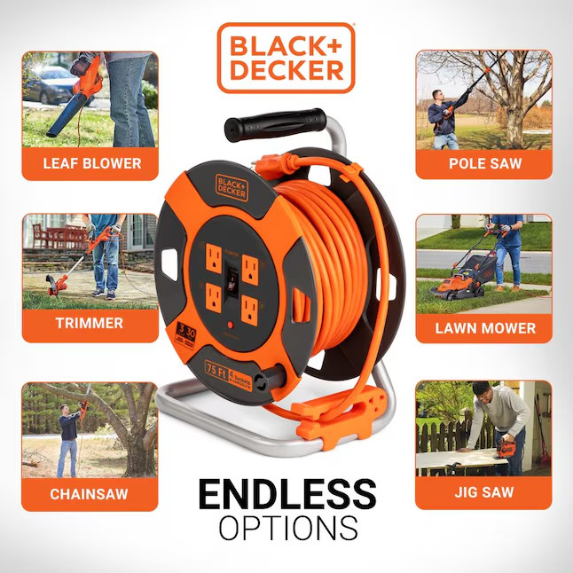 Black + Decker Cord Reel 75-ft 14 / 3-Prong Medium Duty General Extension Cord