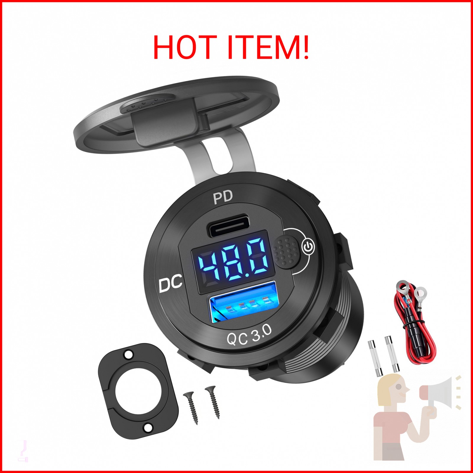 High Voltage USB Outlet 12V 24V 36V 48V 60V Aluminum Car Charger Socket, PD 30W