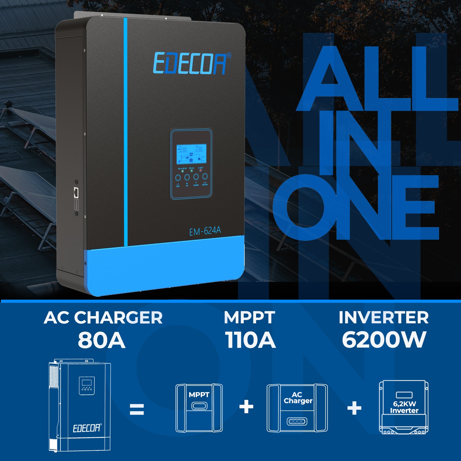 EDECOA Hybrid Inverter 48V 220V 6200W Inverter Charger PV 55-450V UPS Function