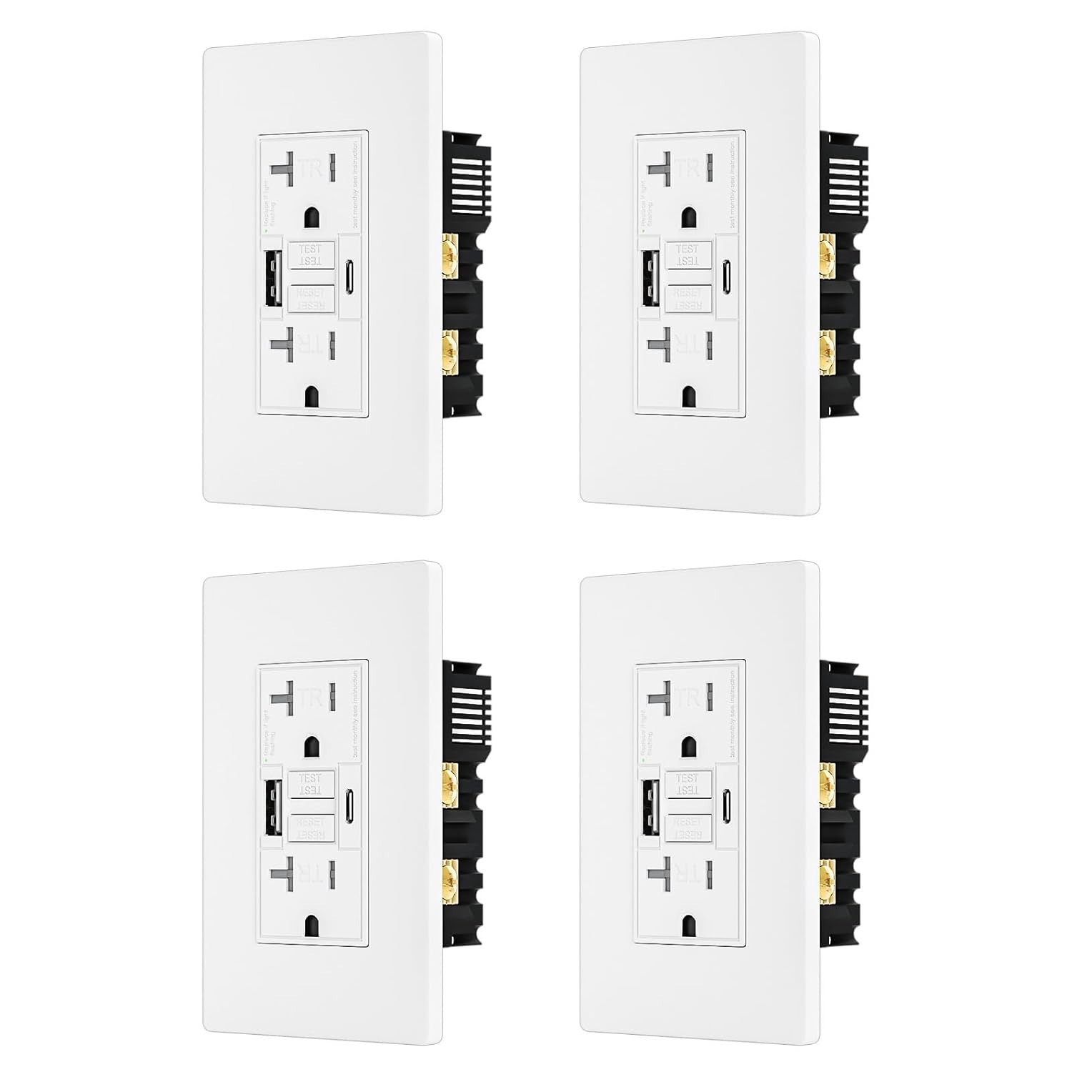 4Pack 20AMP GFCI Outlet with 4.8A/24W Type A & Type C USB Charging Port ETL List