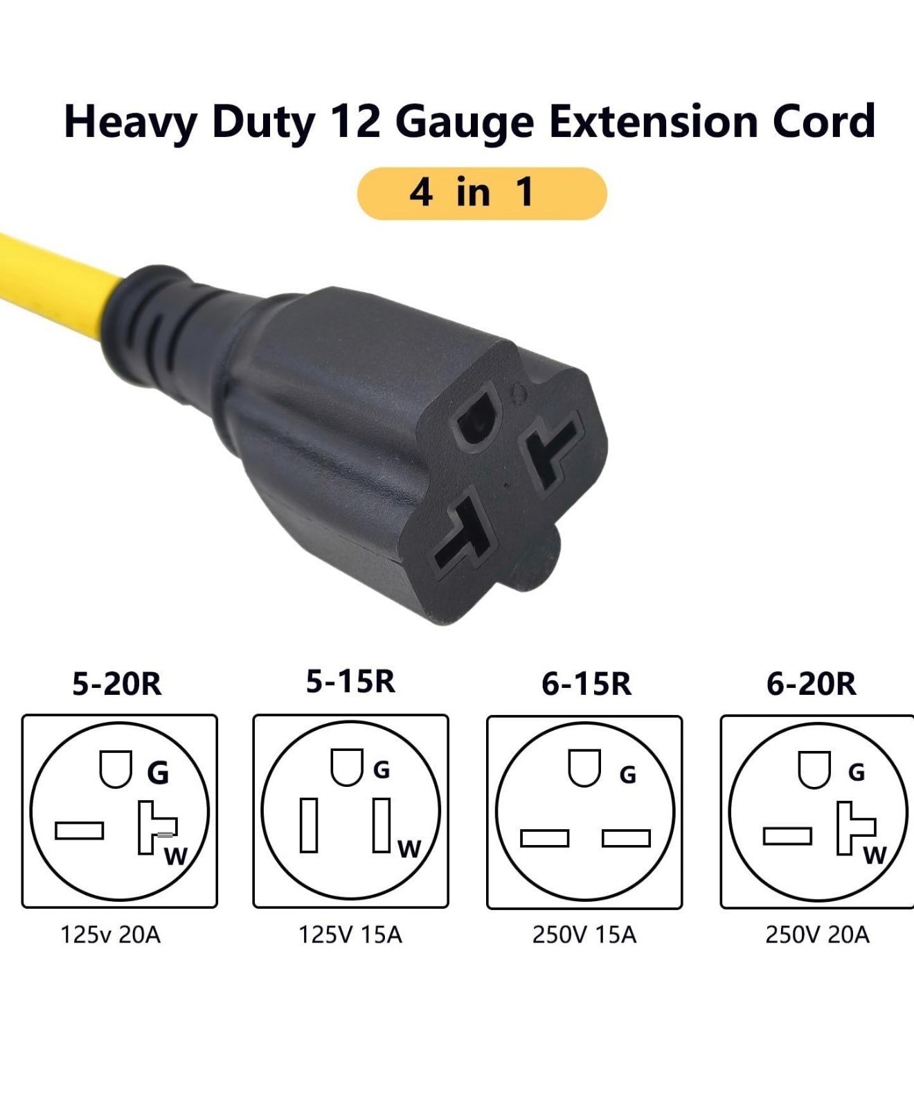Heavy Duty 4-In-1 12 Gauge Extension Cord Multi-Plug Dryer Adapter 125V & 250V Y