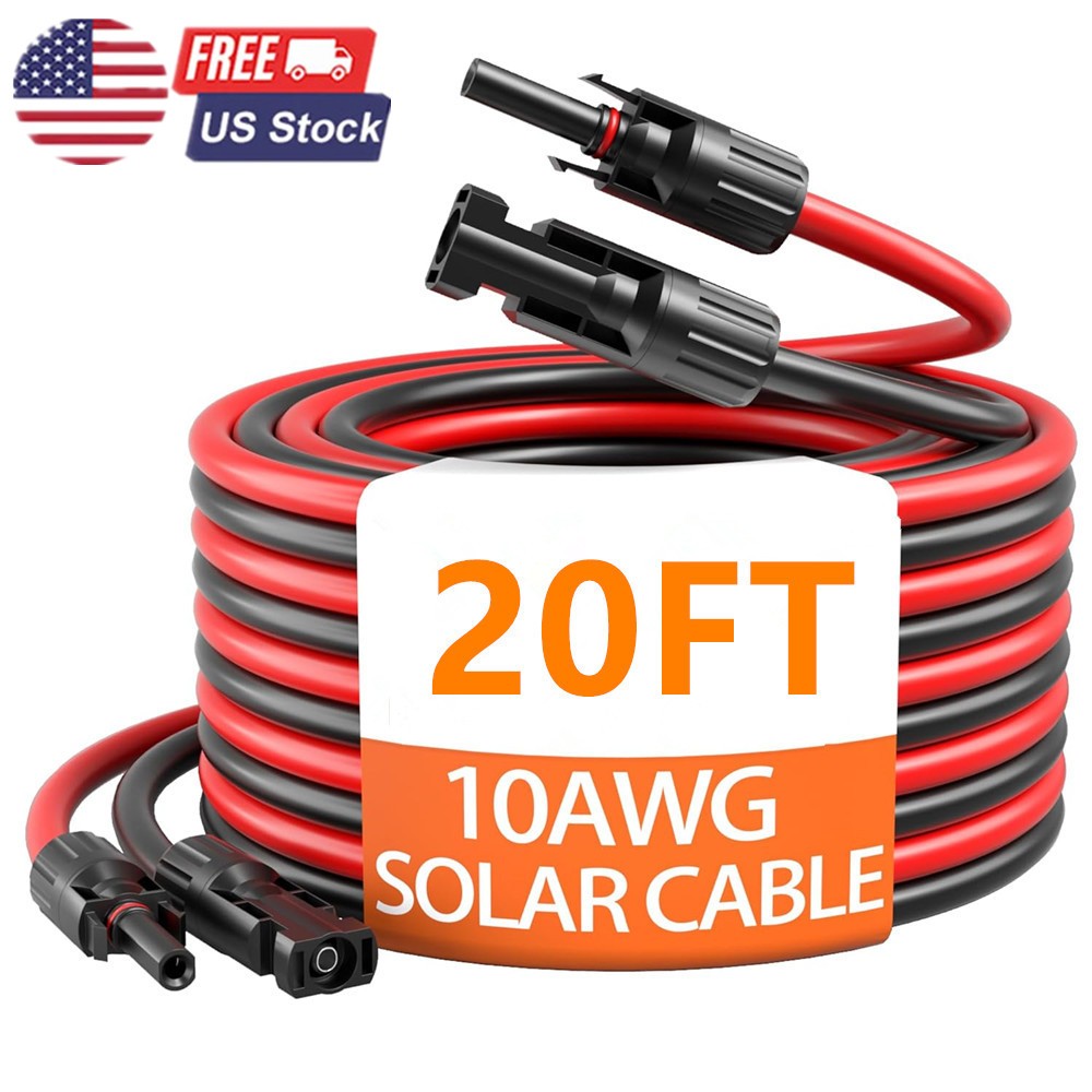 20Ft 10 AWG Solar Panel Extension Cable Solar Wire Connectors Black Red