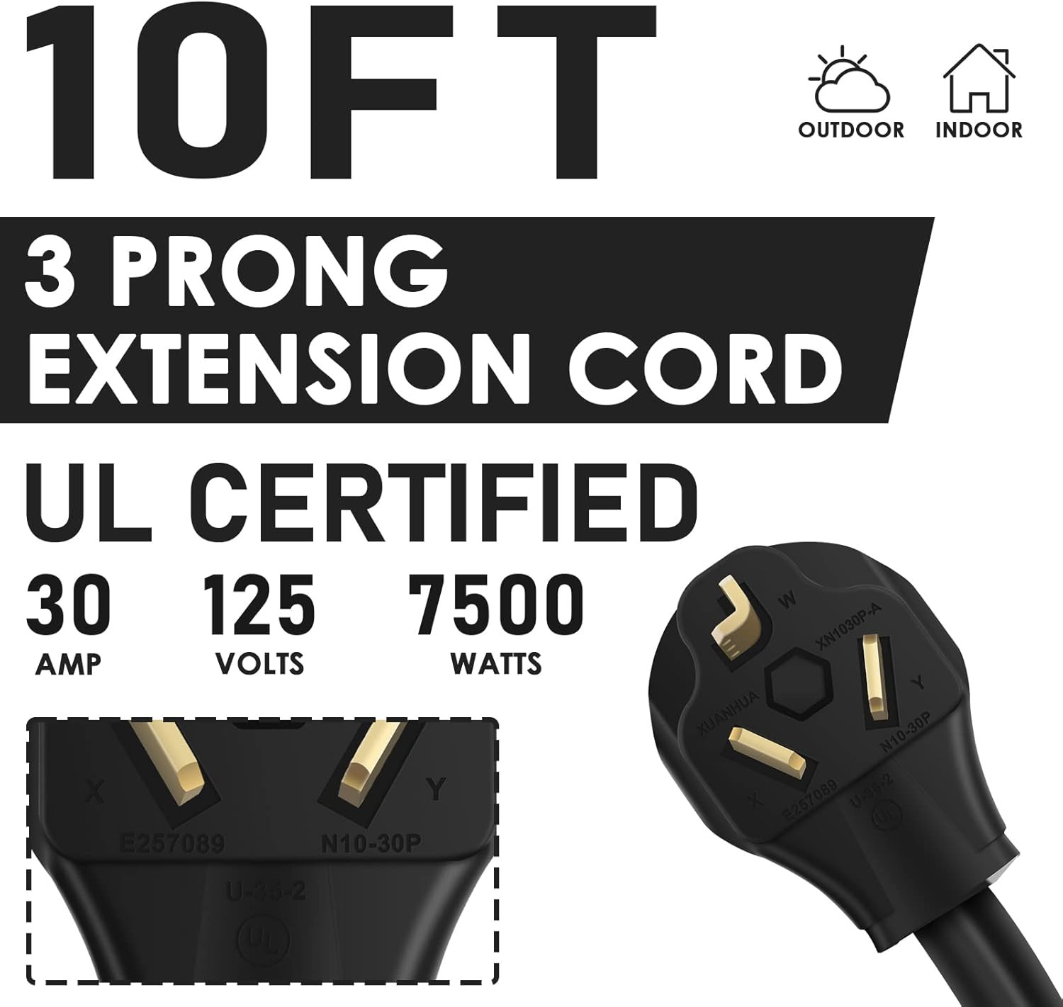 10FT 3 Prong Dryer Extension Cord, 30 Amp NEMA 10-30P to 10-30R EV Extension Cor