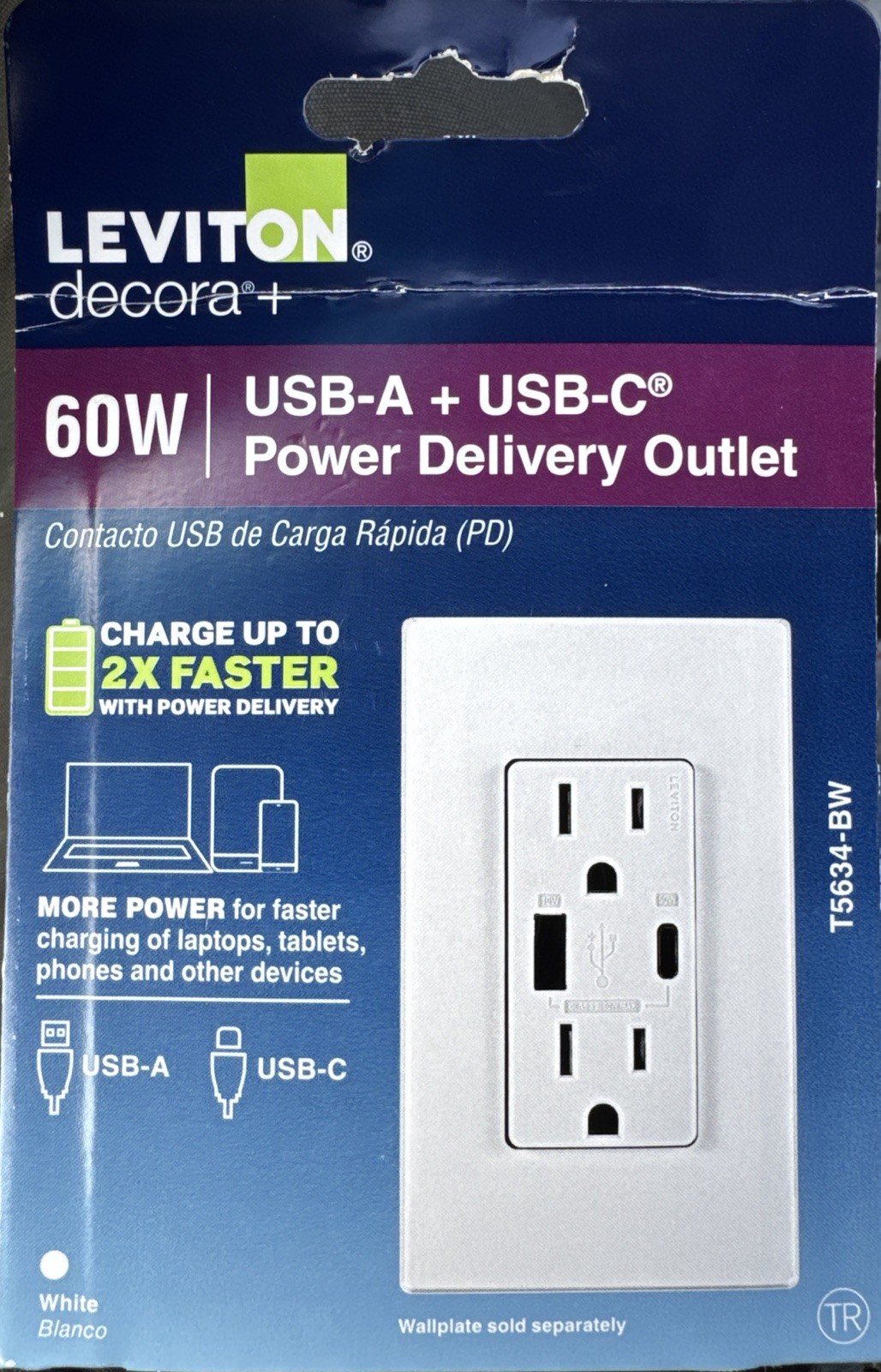 Leviton Decora+ T5634-BW 60W USB-A + USB-C Power Delivery Outlet NEW