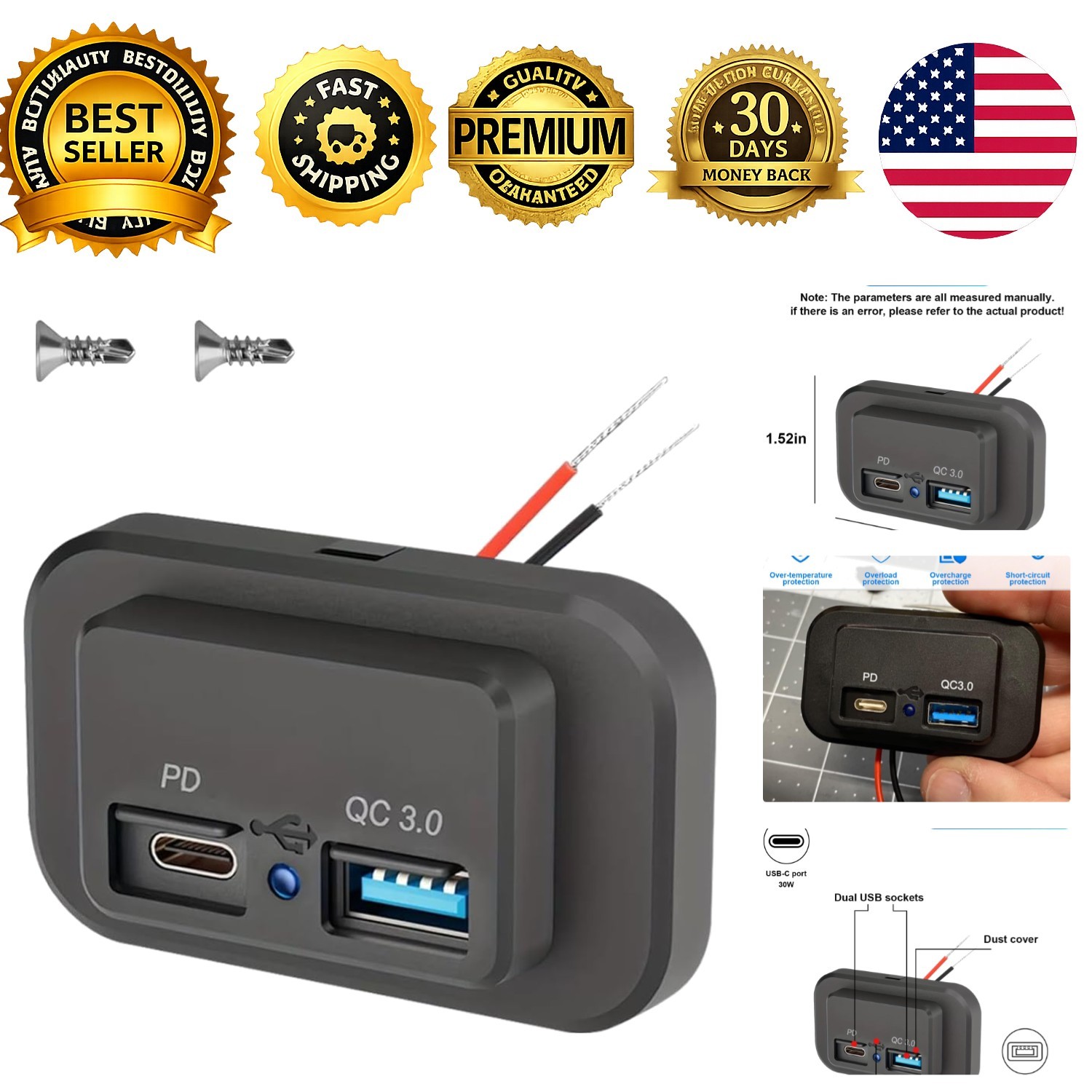 12V 24V RV USB Outlet QC3.0 USB-A PD Type-C Dual Port Panel Mount Charger