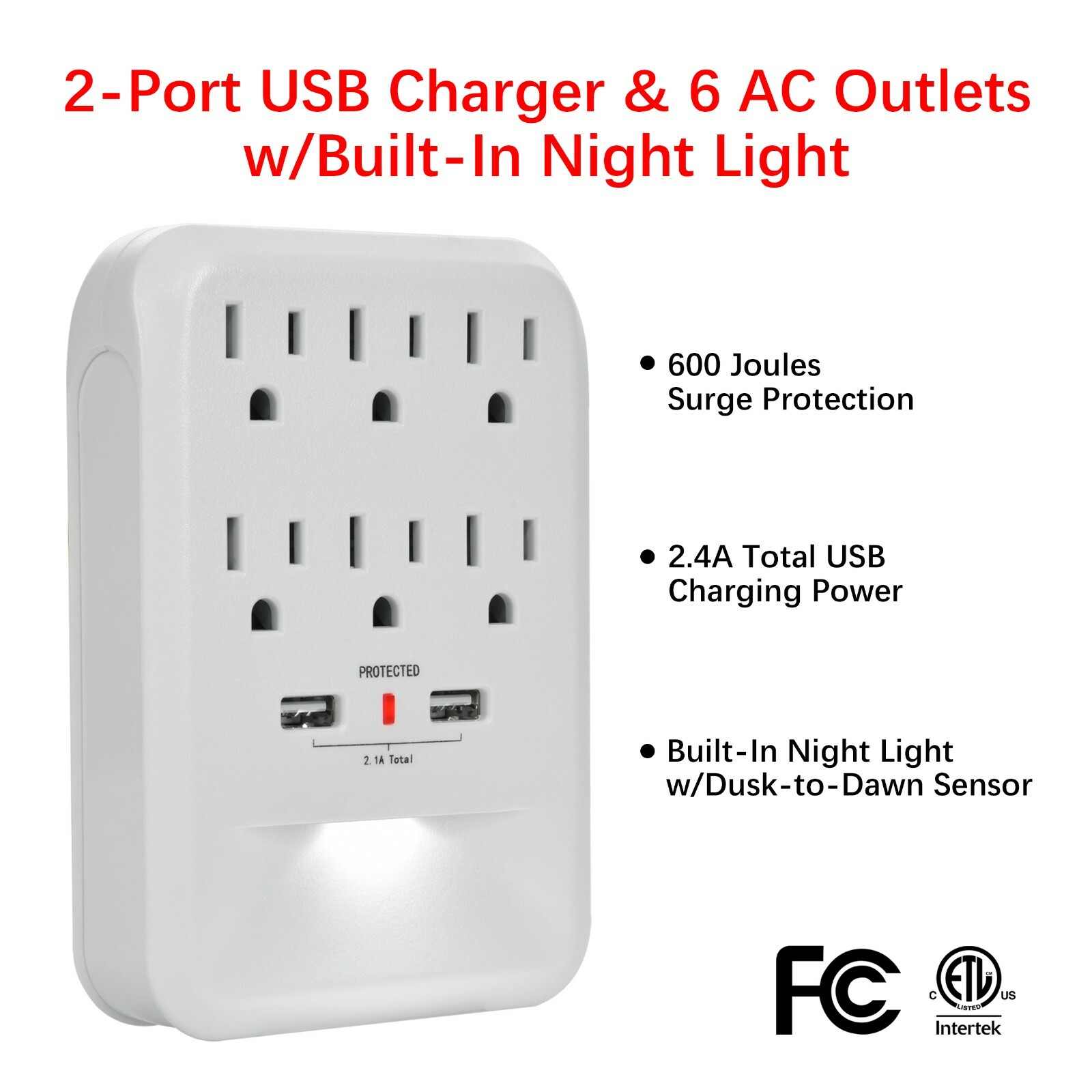 CP (2-Pack) 6-Outlet 600 Joule Wall-Tap w/ 2 USB-A & Nightlight, CP30005