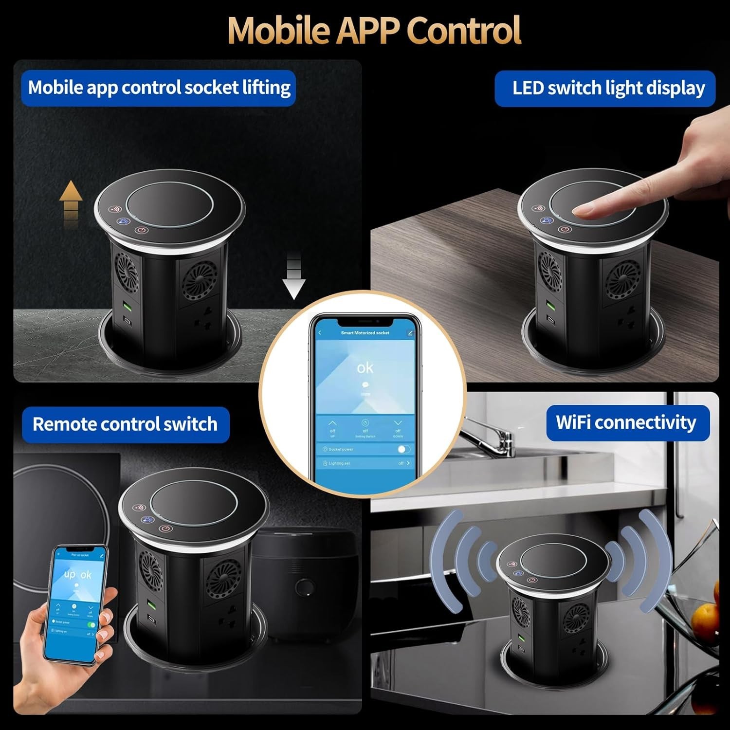 Smart Pop Up Outlet with 15W Wireless Charger & APP Control – 3 AC & 2 USB