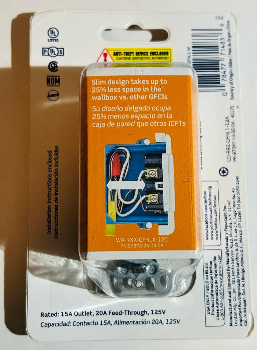 Leviton GFNL1-W GFCI Outlet With LED Guide Light 15A-125V White Type B