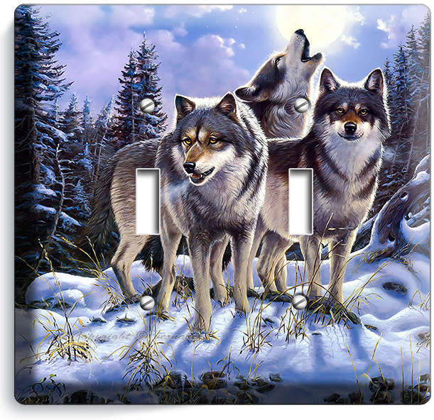 GRAY WOLFS MOON HOWLING FOREST DOUBLE LIGHT SWITCH WALL PLATE COVER HOME DECOR