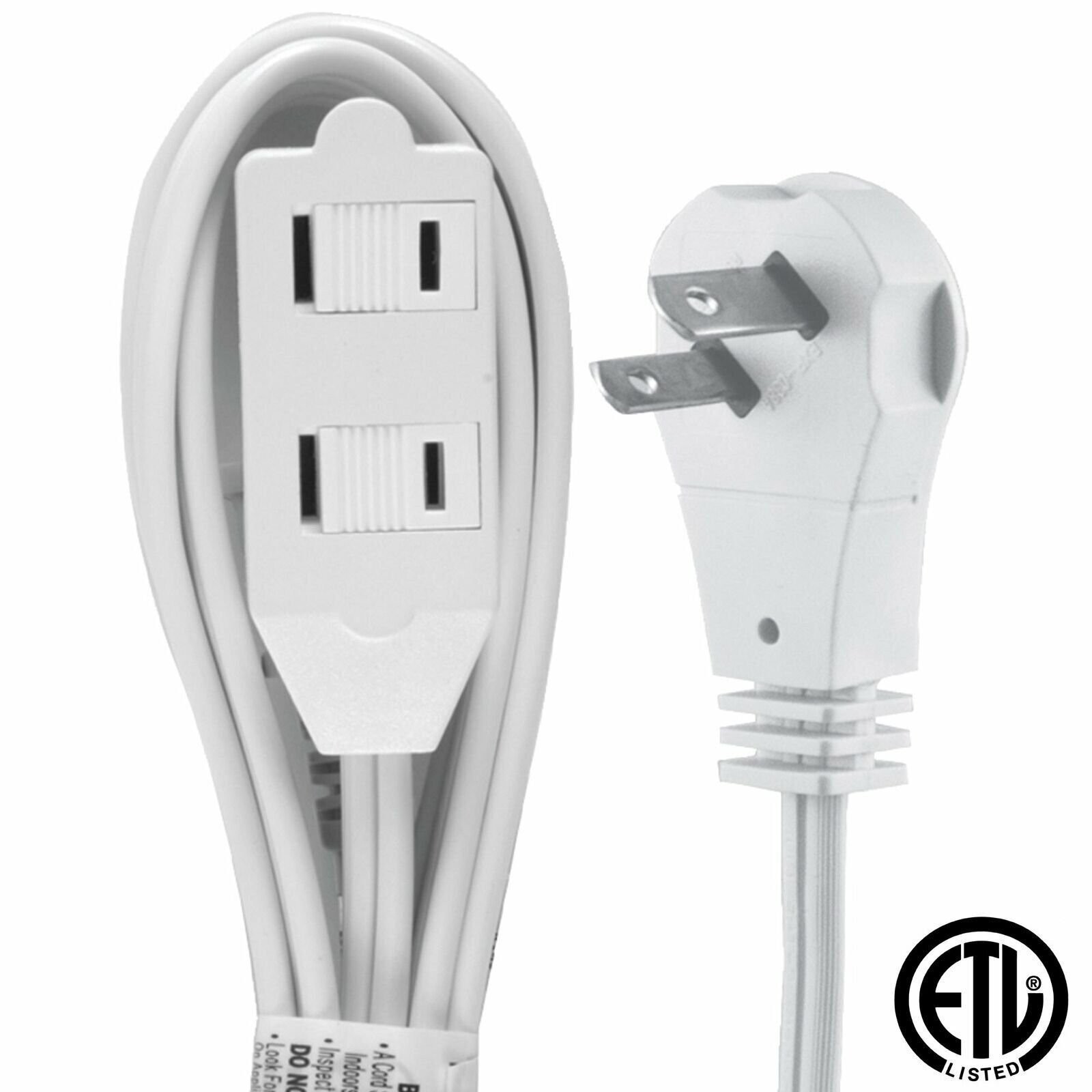 3x 6 Feet 16 Gauge 3 Outlets Angle Flat Plug ETL Listed Extension Cord (White)