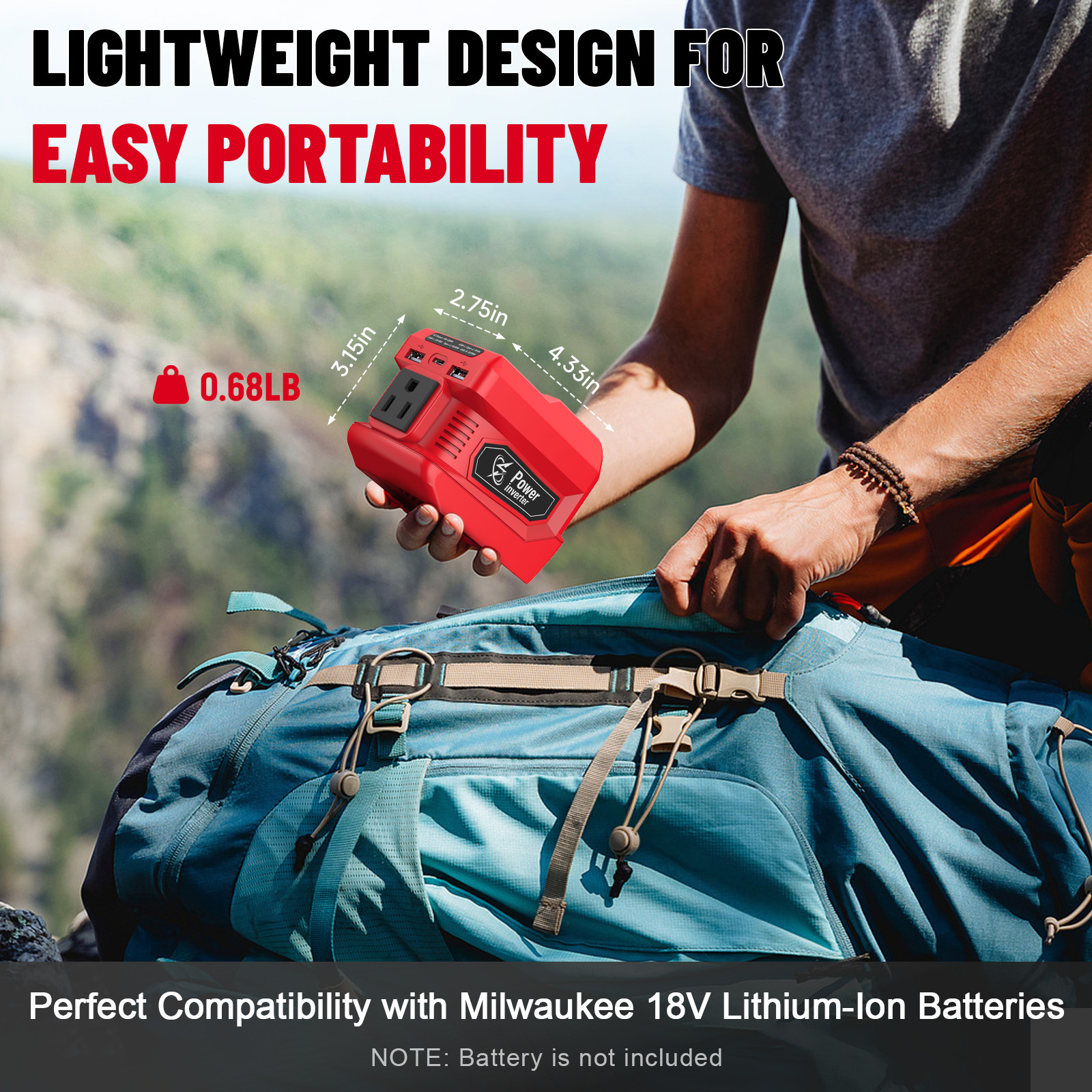 220W Power Inverter Compatible with Milwaukee 18V Battery，DC 18V to AC 110V