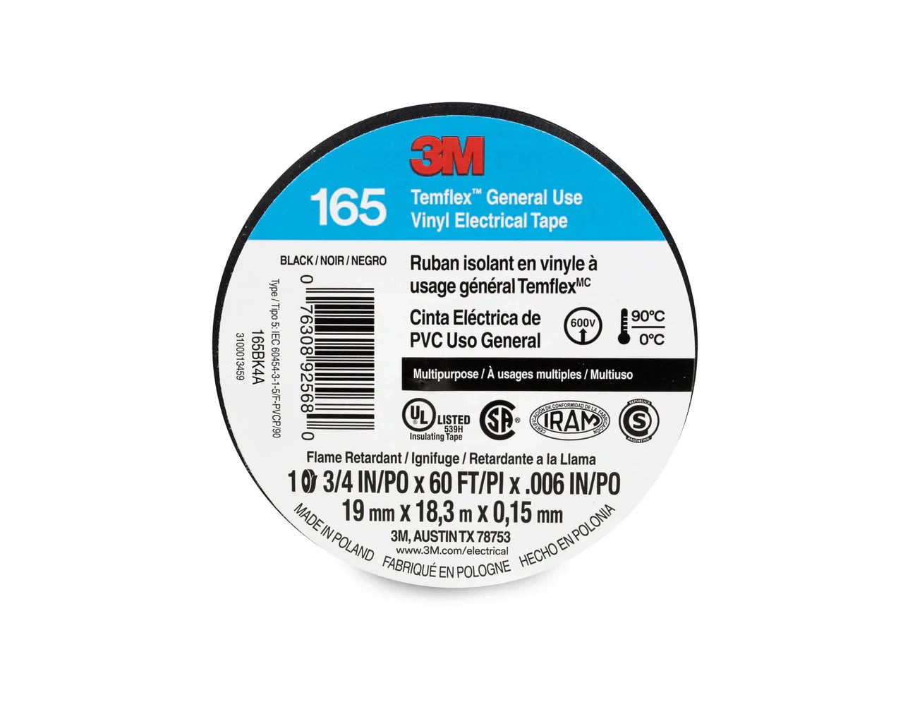 3M Temflex Vinyl Electrical Tape 1700/165 3/4 in x 60 ft
