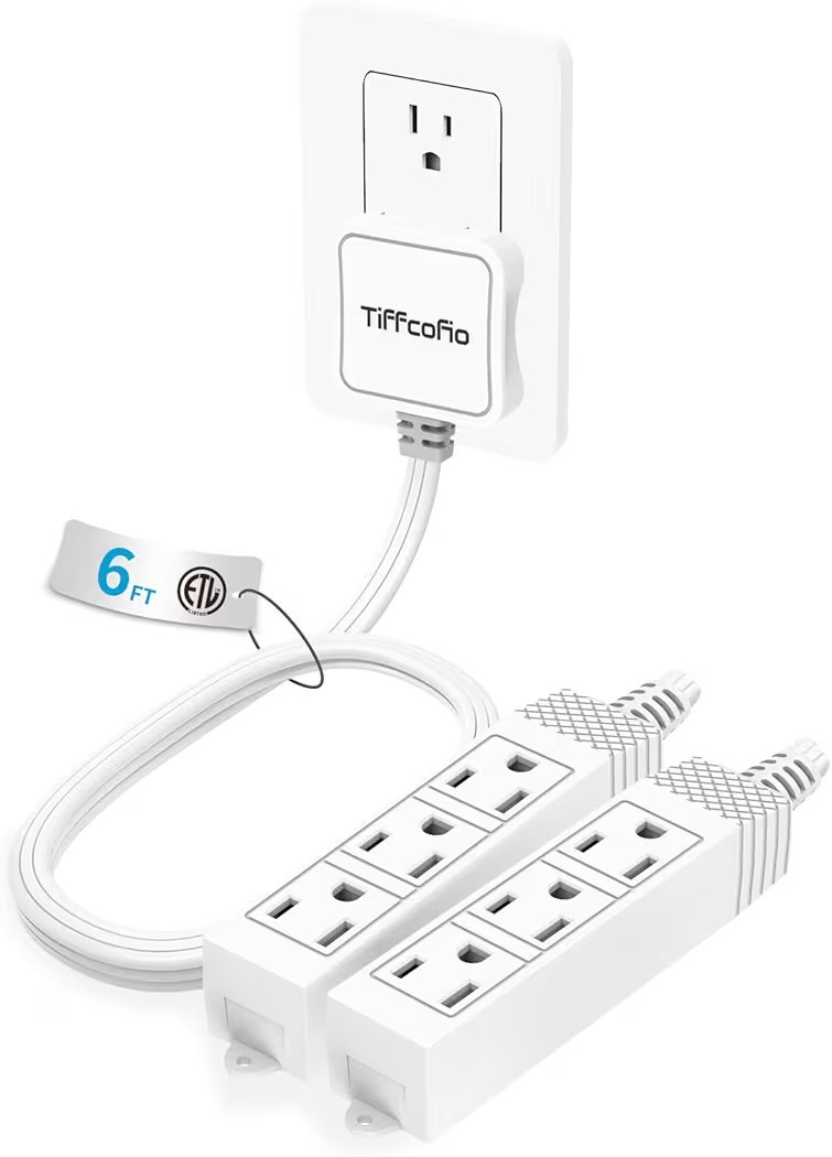 Twin Outlets 6FT 3 Prong Flat Plug Outlet Strip 6 FT on Each Side, 3 Grounded Ou
