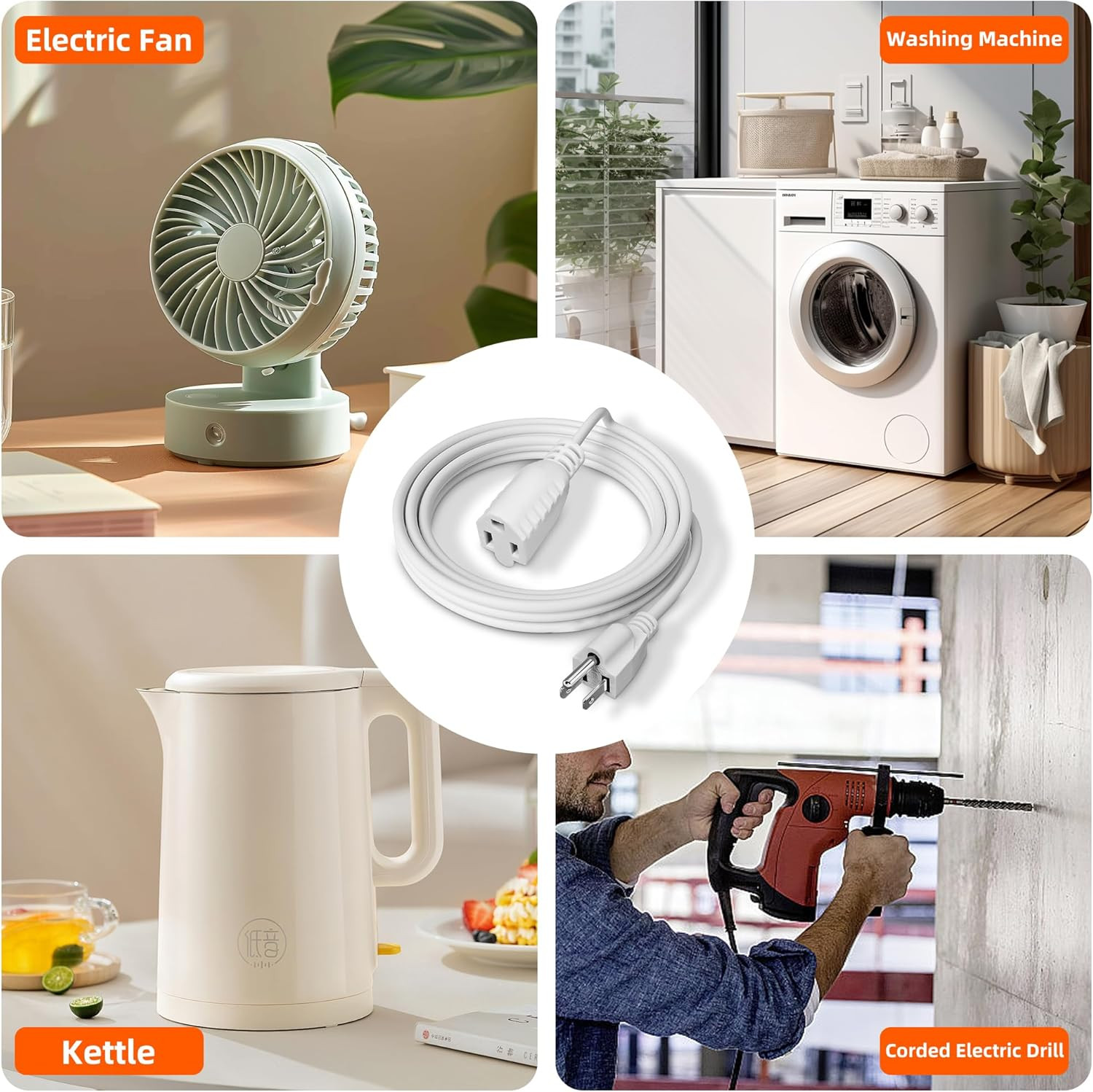 Extension Cord with Switch On/Off, 6.56 FT, 3 Prong Grounded Plug 18 AWG White E