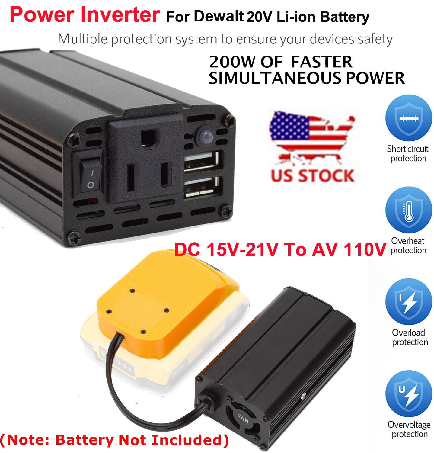 200W Portable Power Supply Inverter Compatible with Dewalt 20V Li Battery,DC 20V