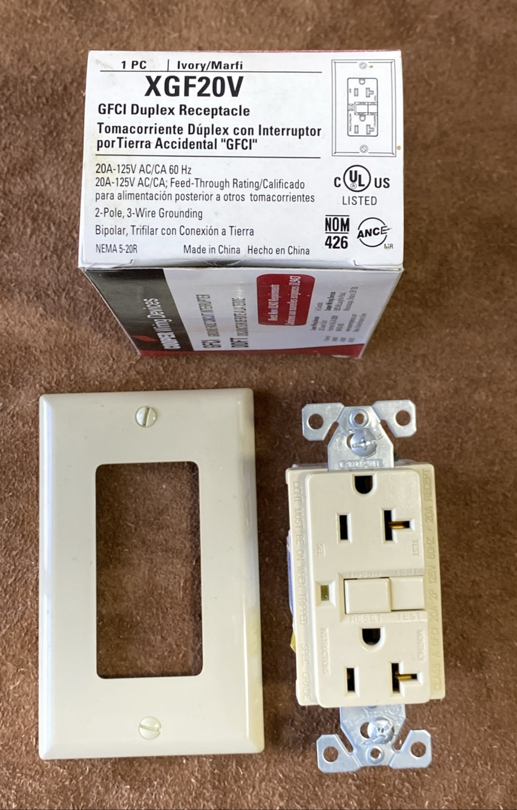 GFCI Outlet Ground Fault Circuit Interrupter 20A-125V AC/60 Hz XGF20V Cooper