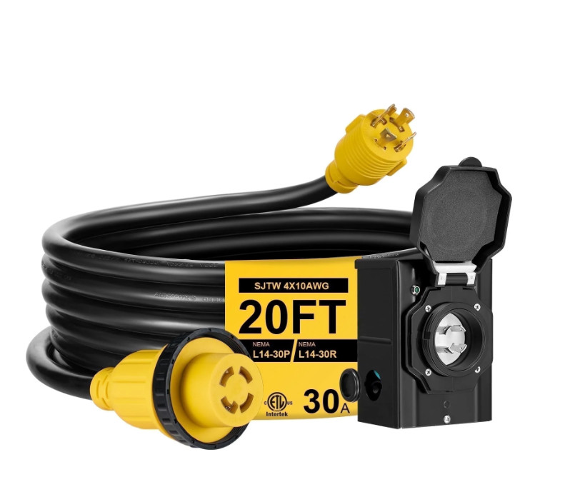 20FT 30Amp RV Extension Cord with Generator Inlet Box ETL L14-30P to L14-30R