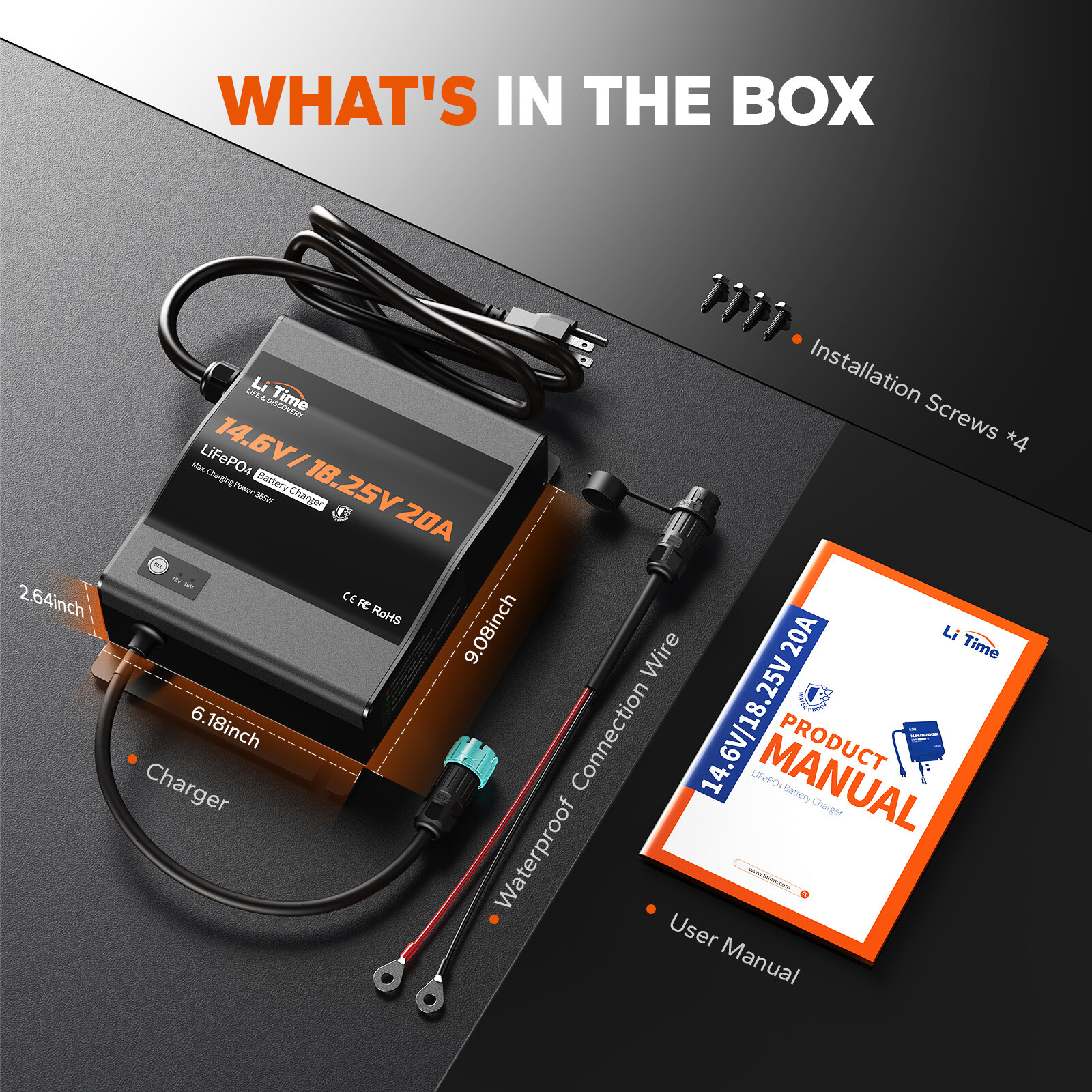 LiTime 12V/16V Dual Voltage 20A Waterproof Lithium LiFePO4 Battery Charger IP65
