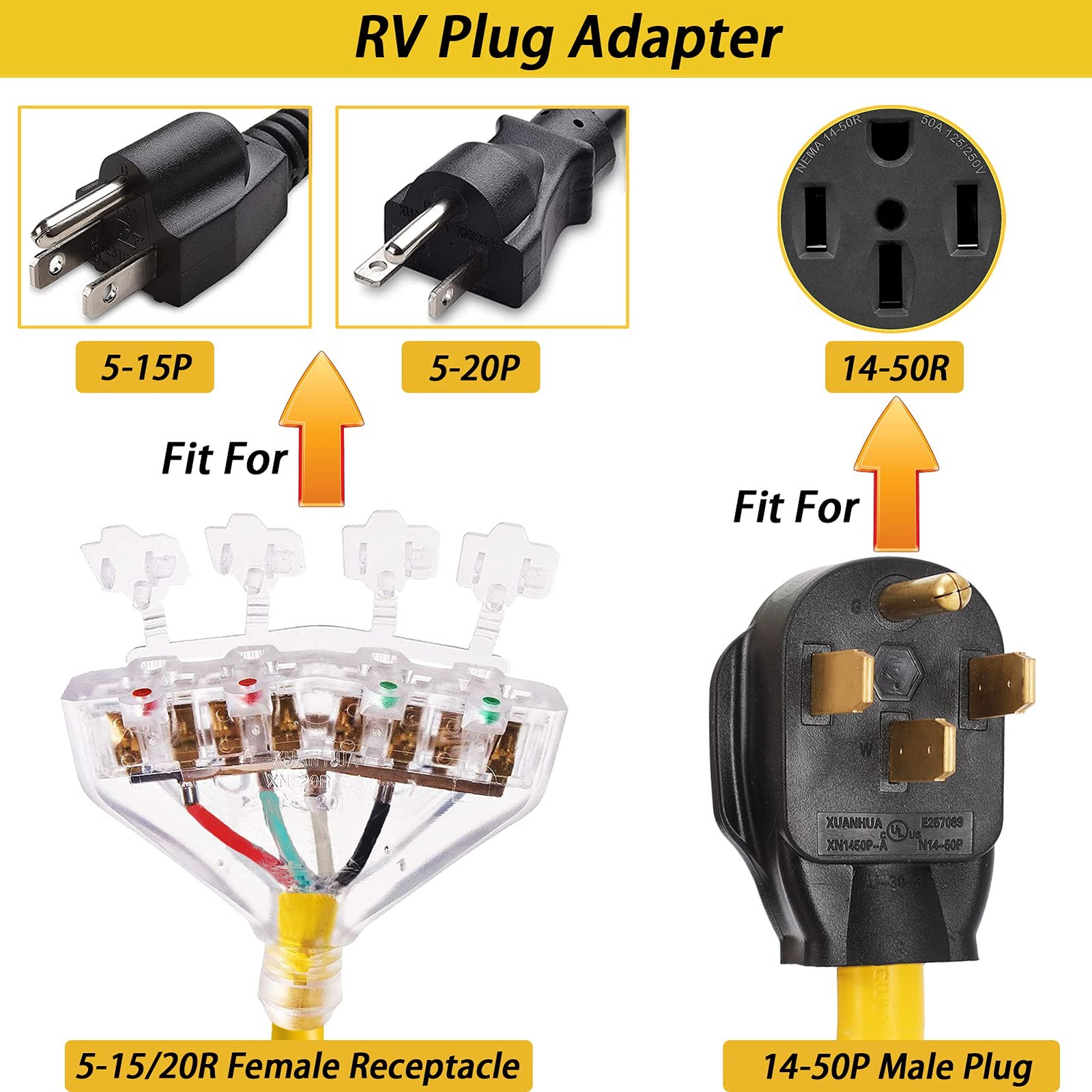 50 Amp to 110V 20 RV Adapter Cord, 4 Prong NEMA 14-50P Male Plug Yellow