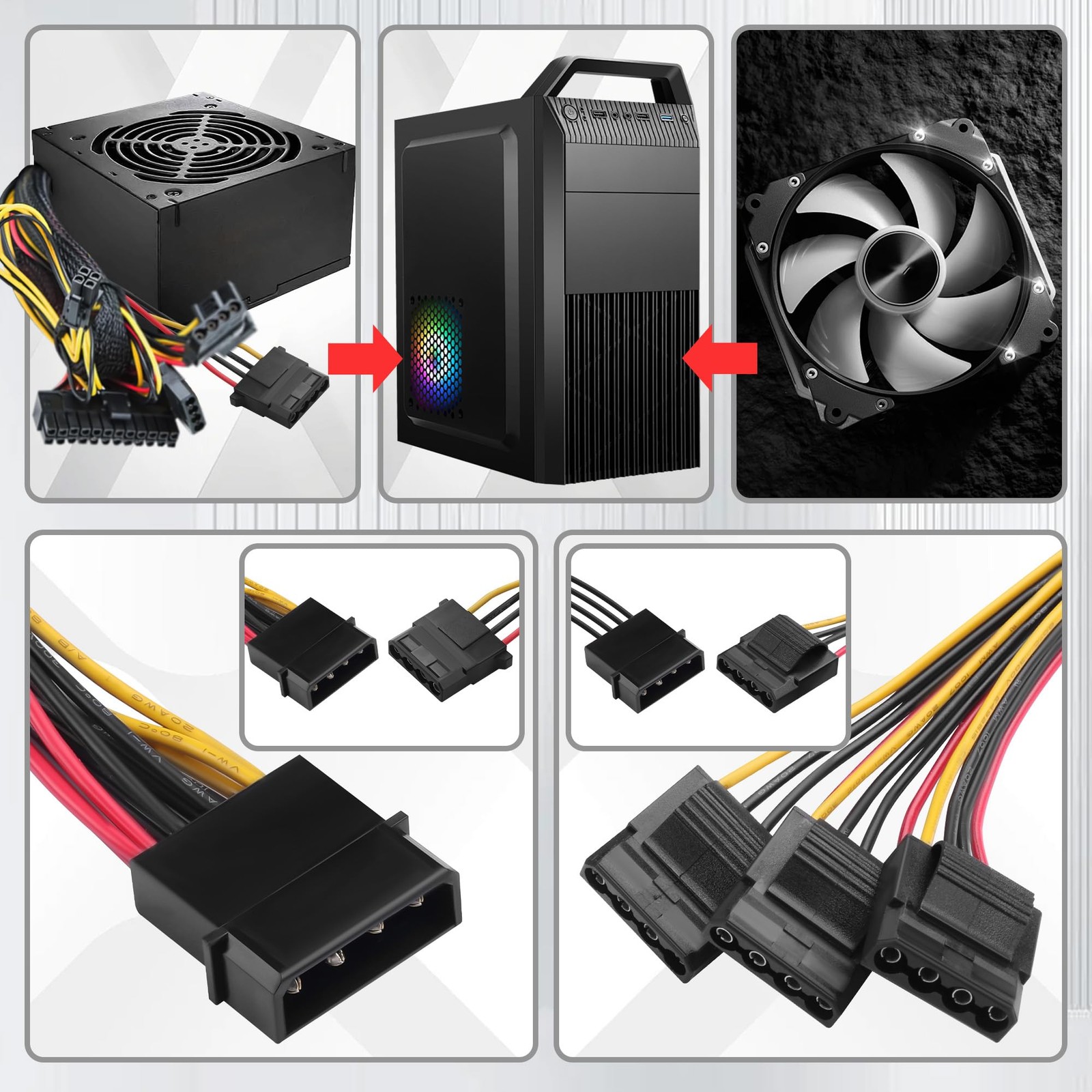 4 Pin Molex Splitter Cable 20AWG 1 To 3 Power Extension PC Fan 6 Inch