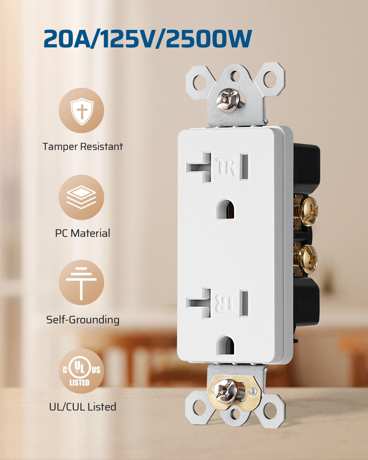 DEWENWILS Duplex Receptacle Outlet,20Amp/125V/2500W,Self-Grounding,2-Pole,3-Wire