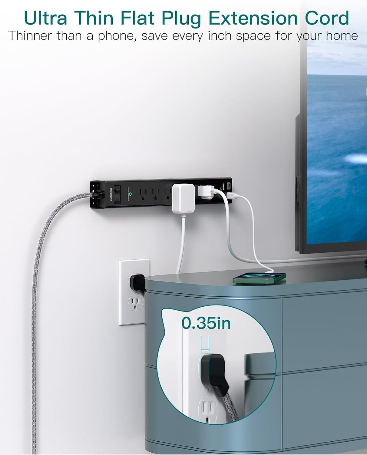 5ft Extension Cord Power Strip with 6 Outlets & Fast USB Charging – Mountable