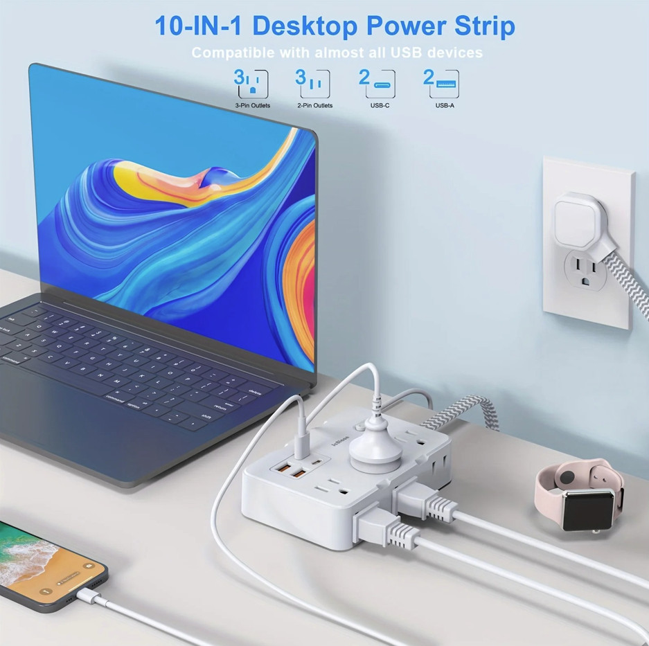 1pc US Power Strip 1.5m Extension Cord 4 USB Type C Charging Hub – NEW