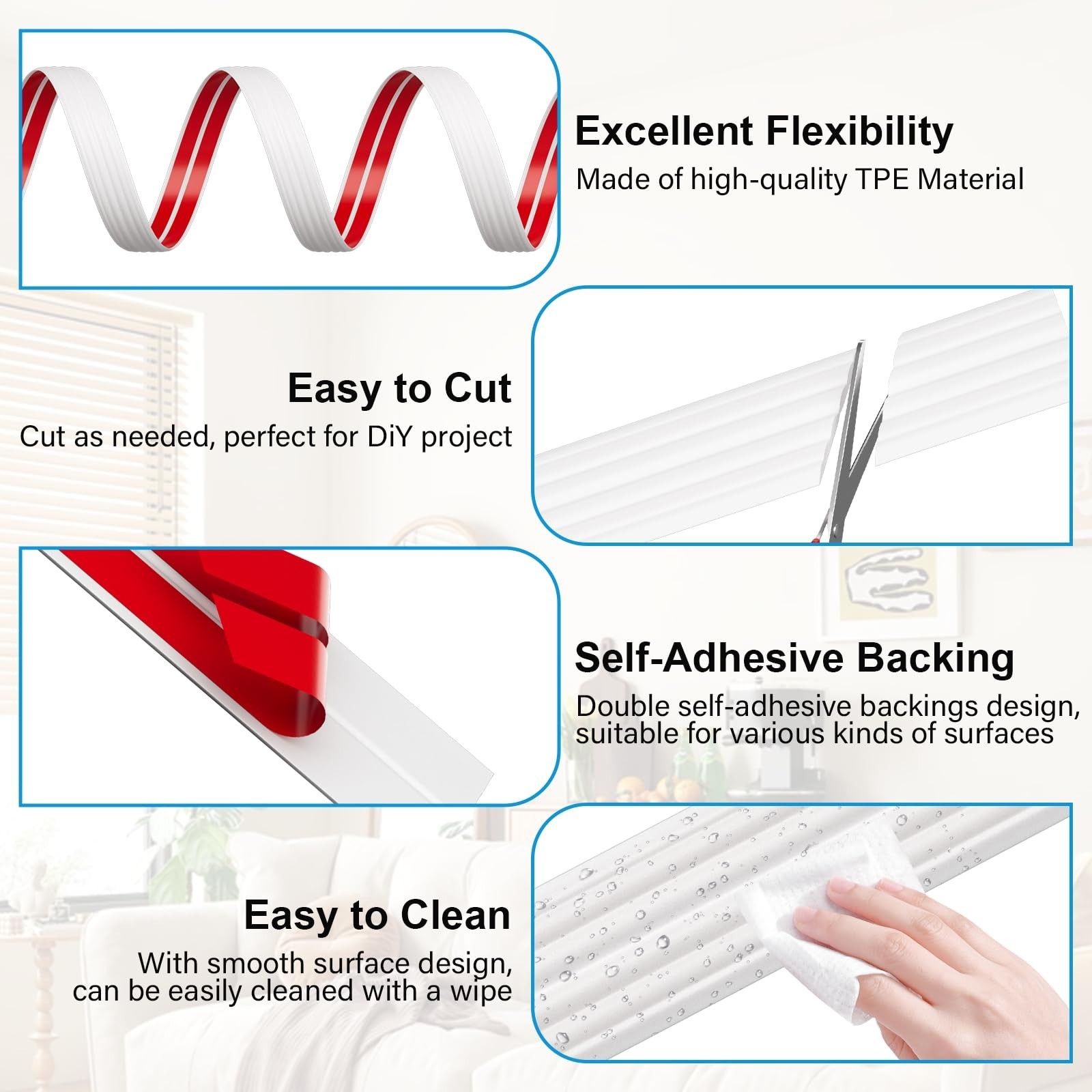 40FT Flexible Wall Corner Protector Trim – Peel & Stick Self-Adhesive Edge Guard