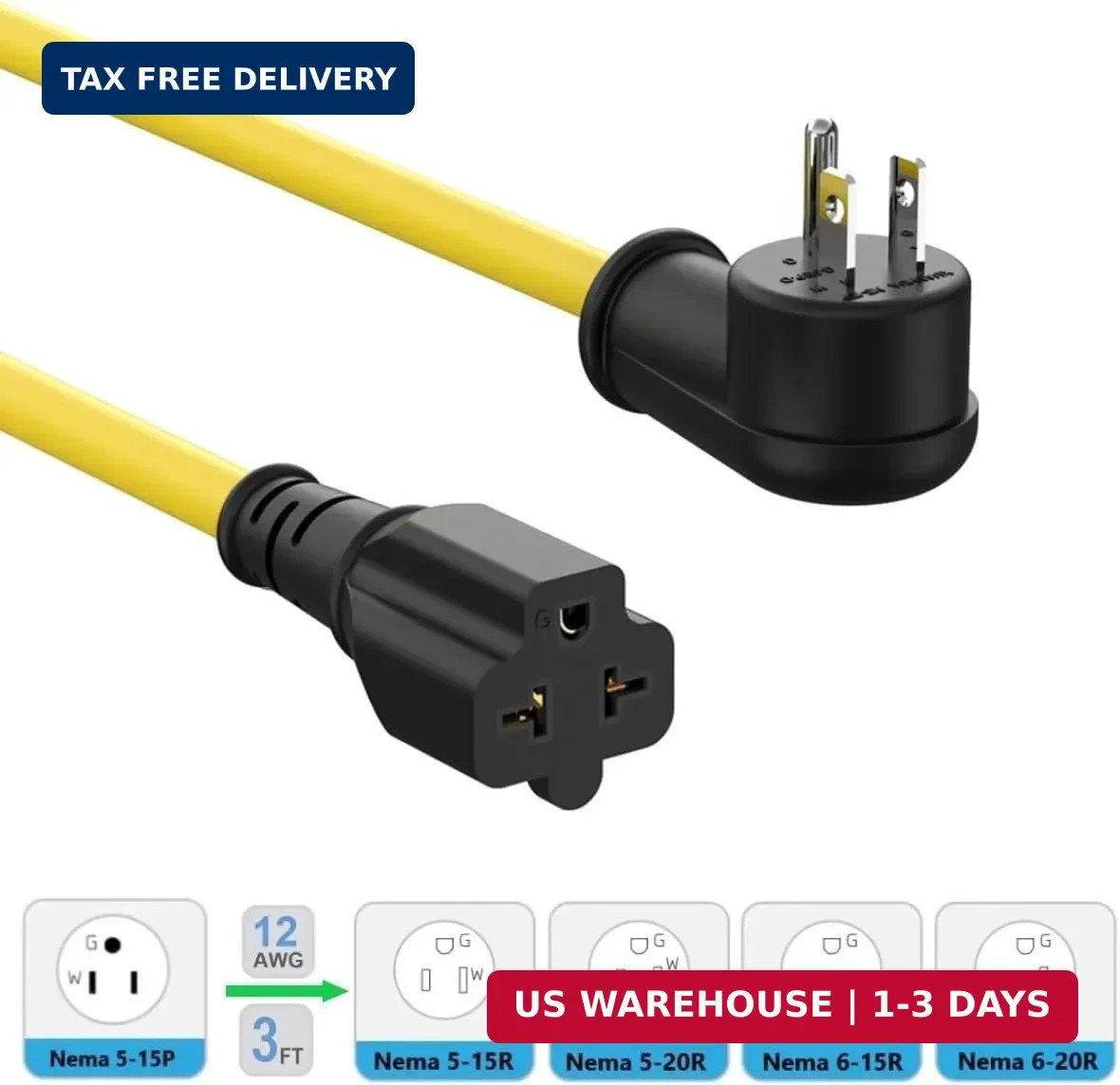 3FT 12AWG Heavy Duty Right-Angle Extension Cord 90 Degree 15-amp to 20-amp, 15Am