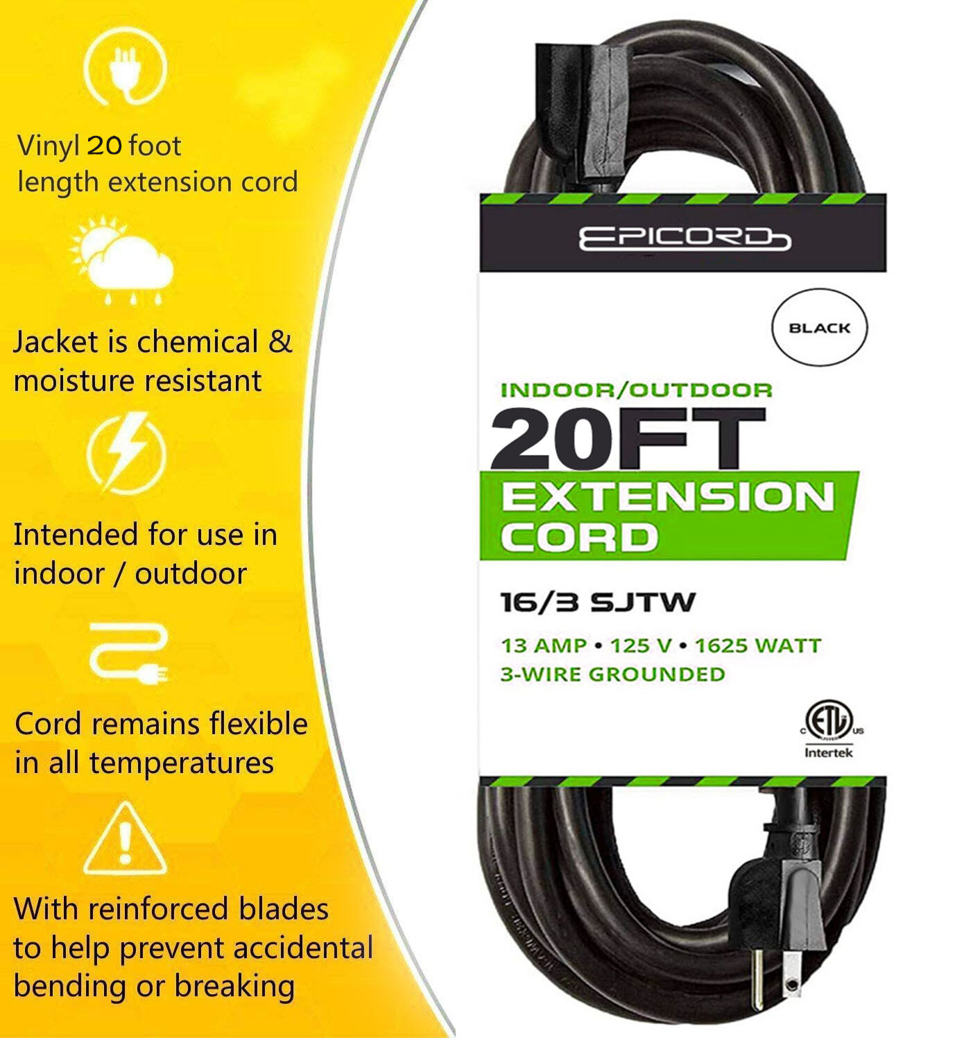 20Ft Extension Cord With 125 Volts At 13 Amps -16 AWG Power Extension Cable Cord