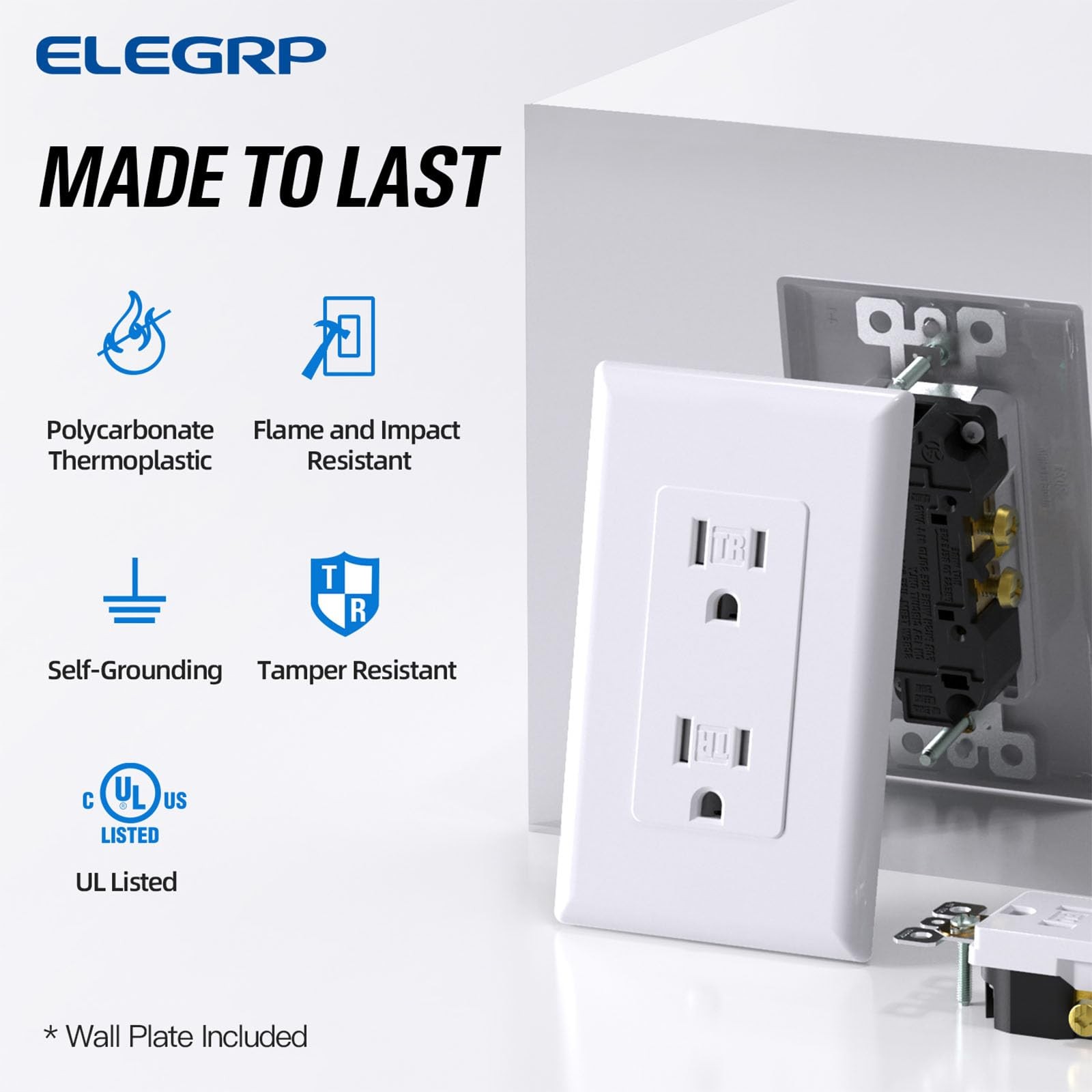 10 Pack Glossy White Receptacle Outlet, 15A 125V, Tamper Resistant, Screwless
