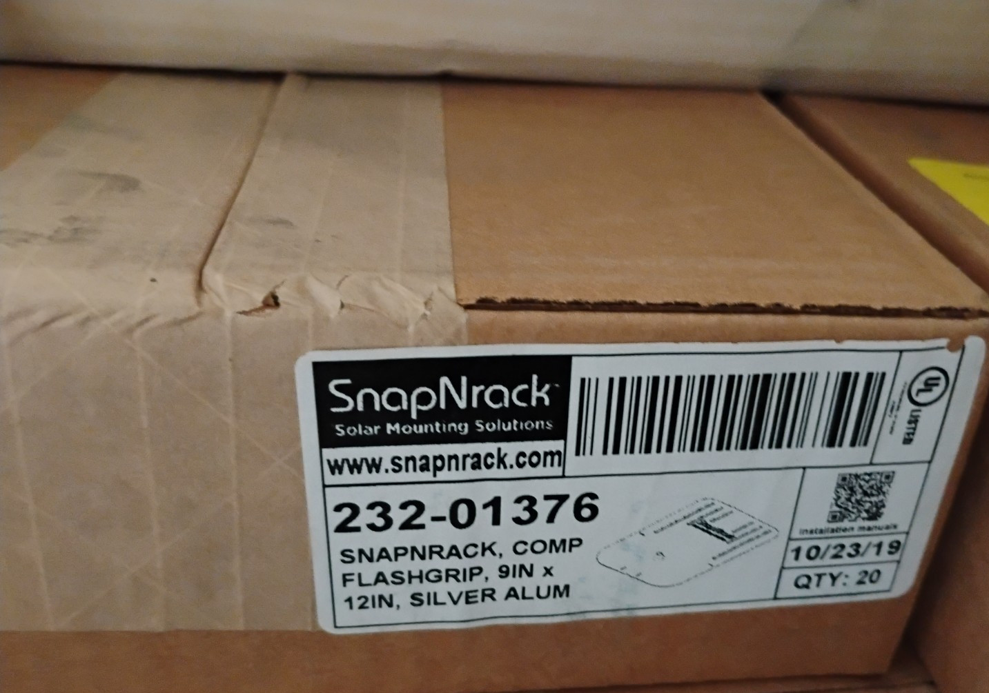 Box of 20 SnapNrack Solar Roof Flashgrip 9″ x 12″ Silver Alum 232-01376 Flashing