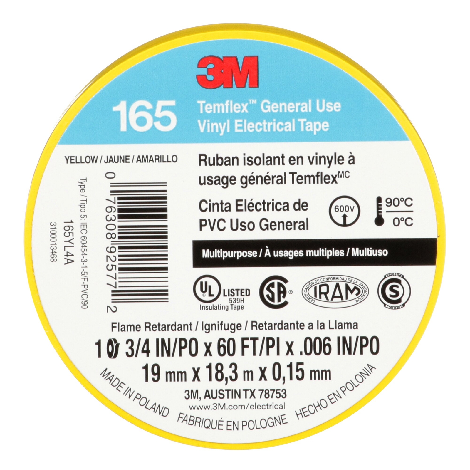 3M Temflex Vinyl Electrical Tape 165, Yellow, 3/4 in x 60 ft (19 mm x 18 m)