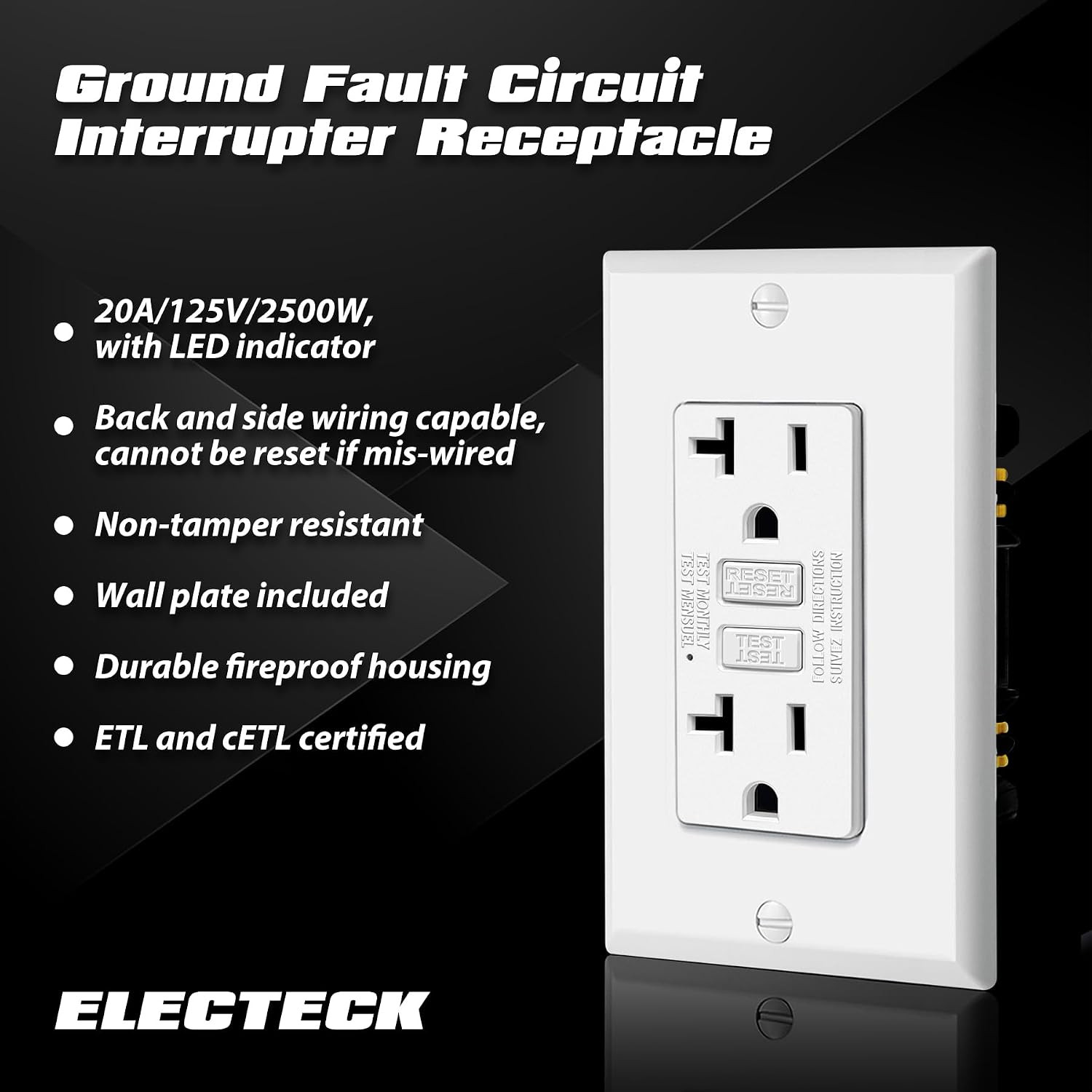 10 Pack GFCI Outlets 20 Amp, Non-Tamper Resistant, Decor GFI Receptacles with LE