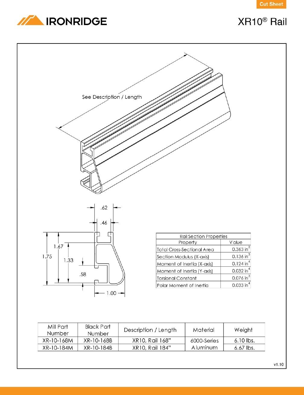 IronRidge XR-10-168M Solar Rail XR10 Mill / PRE-CUT INTO TWO HALVES of 7 FEET