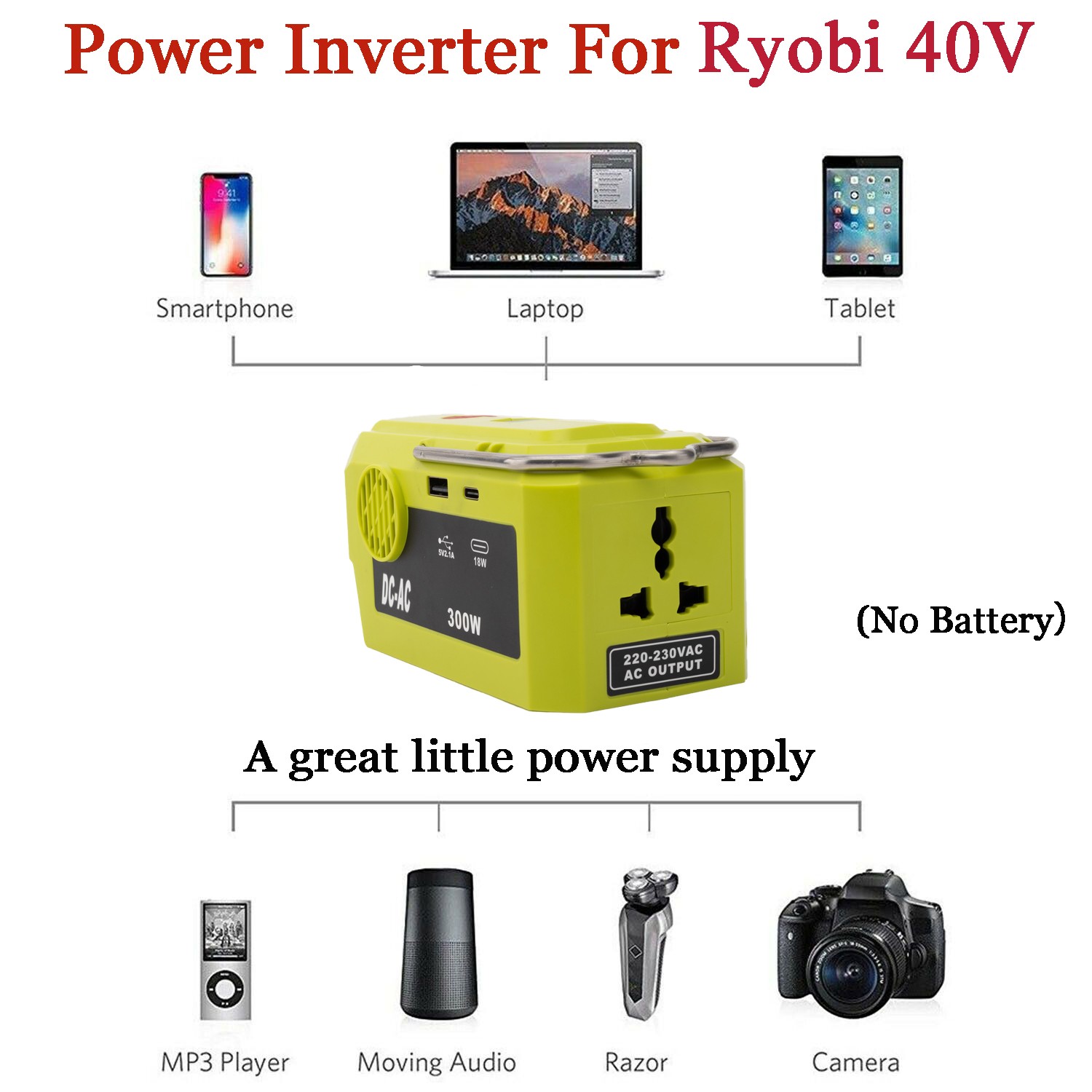 Battery Power Inverter DC 40V AC 110V-120V For Ryobi 40V Dual USB Type-c Outdoor