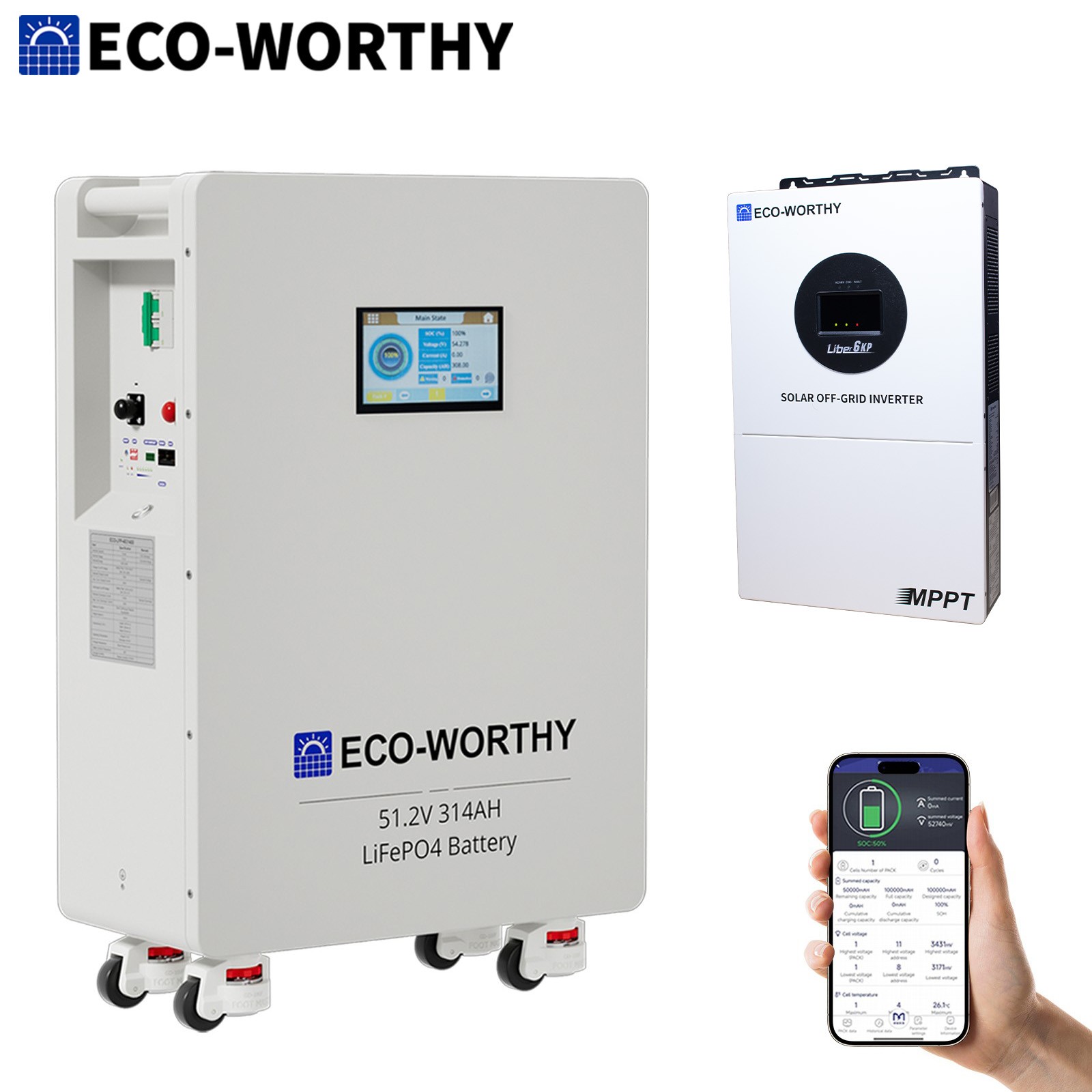 ECO-WORTHY 16kWh 48V 314AH LiFePO4 Battery+6kw/10kw/20kw Off-Grid Inverter