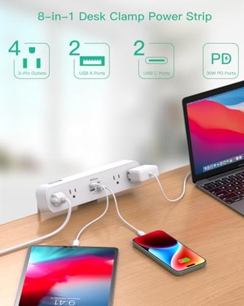 Desk Clamp Power Strip, Desktop Mount Surge Protector, Fast PD30W White