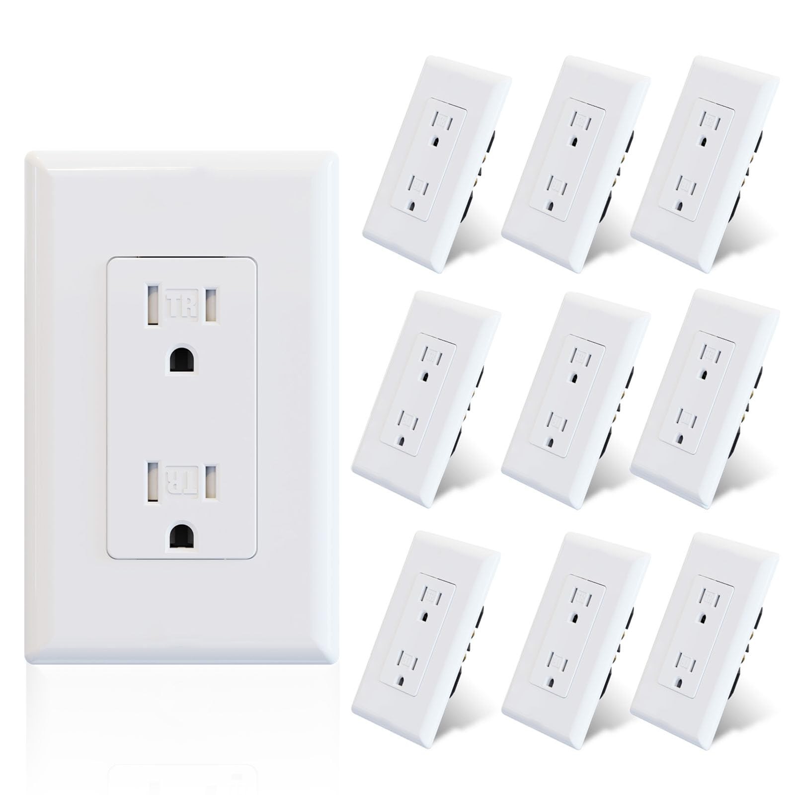 10 Pack Glossy White Receptacle Outlet, 15A 125V, Tamper Resistant, Screwless