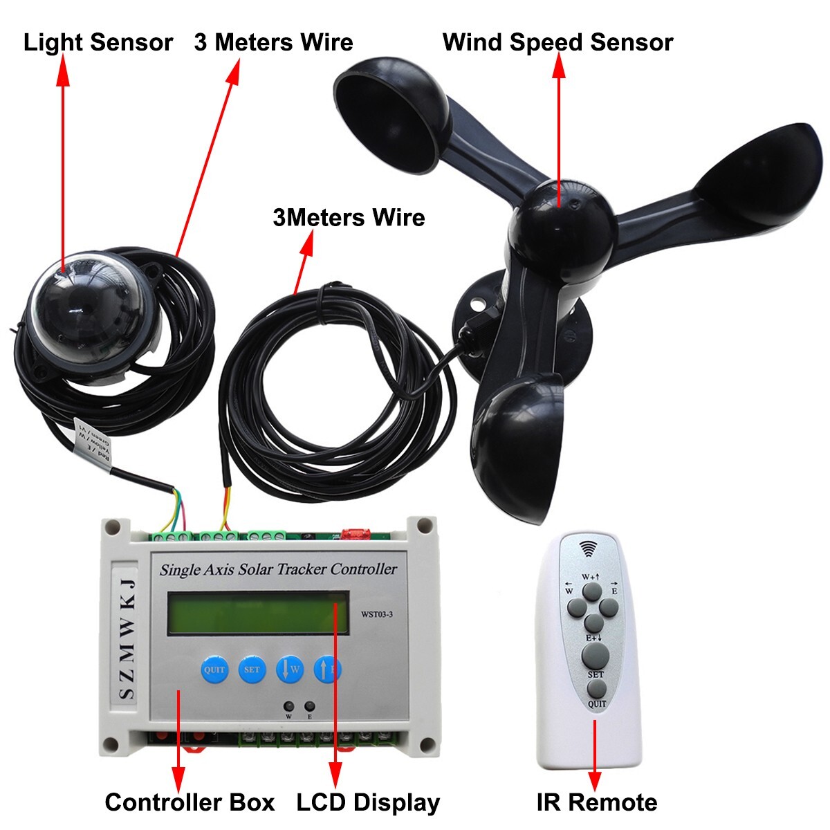 6000N Single Axis Solar Tracker Controller W/ 18″ Linear Actuator Anemometer Kit