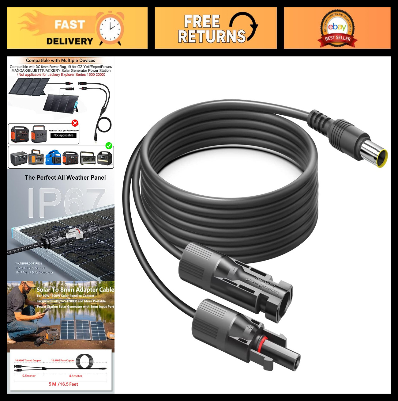 16.5ft Solar Adapter Extension Cable for 8mm DC Power Stations & Solar Panels