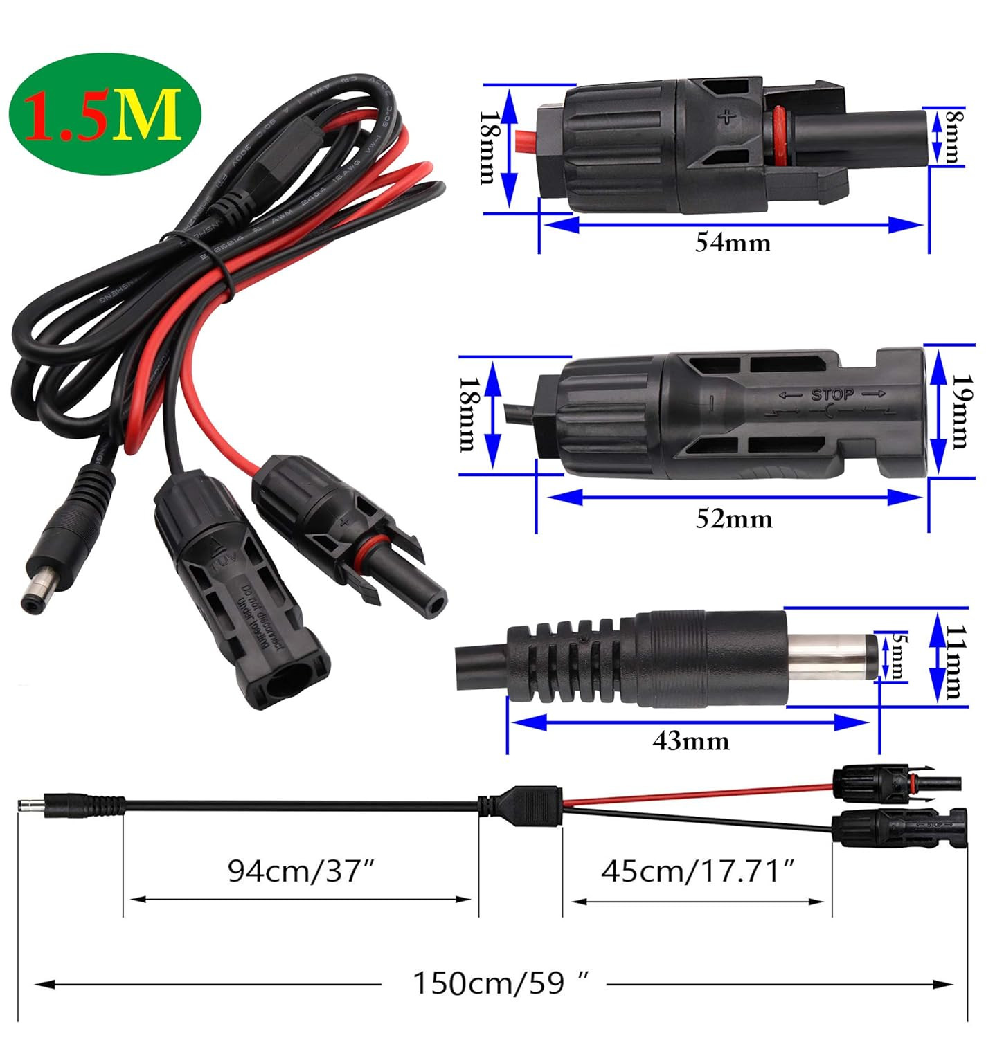 Solar Adapter Male and Female to DC 5.5Mm X 2.1Mm Male Solar Power Extension Cab