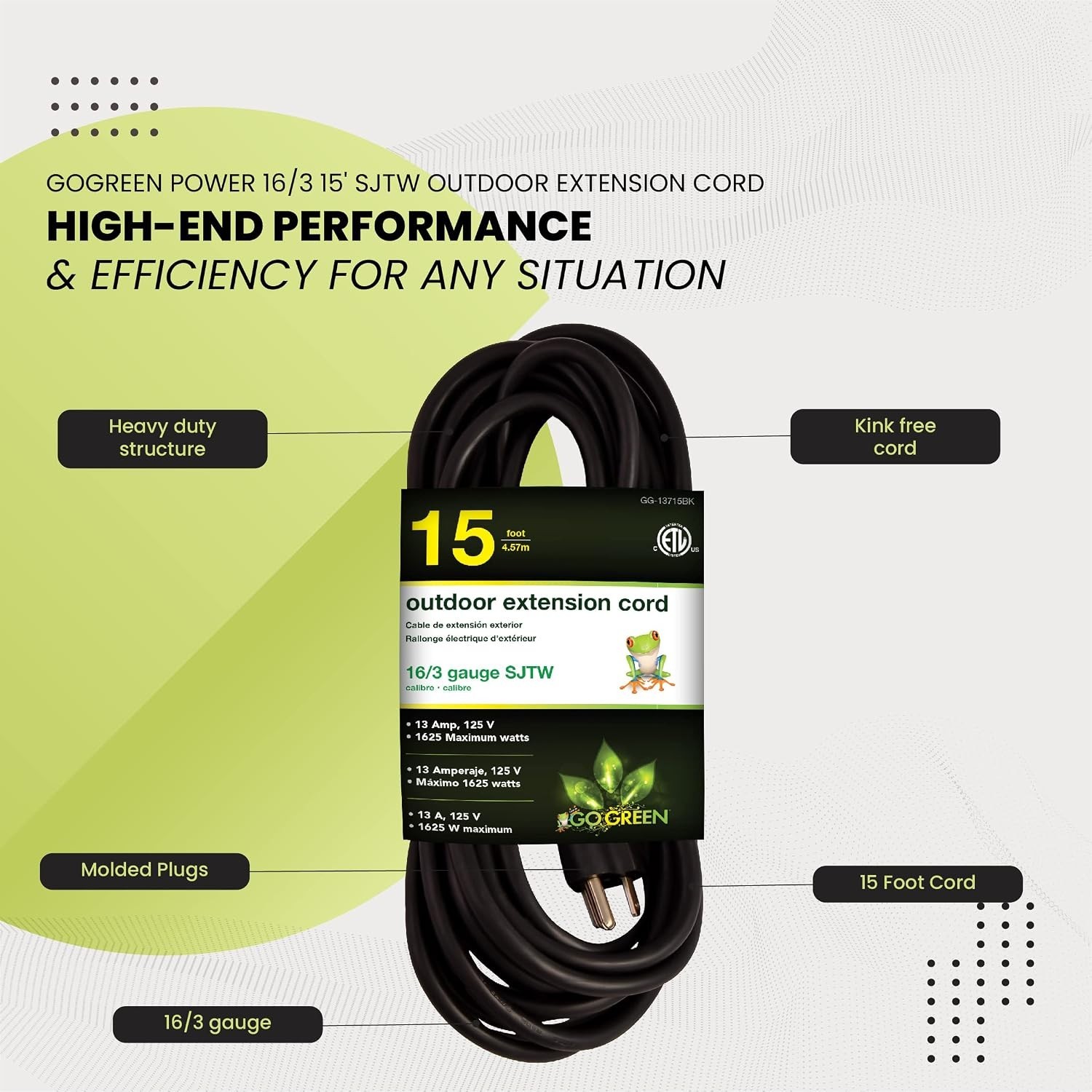Go Green 15′ 16/3 SJTW Outdoor Extension Cord – Moisture & Abrasion Resistant