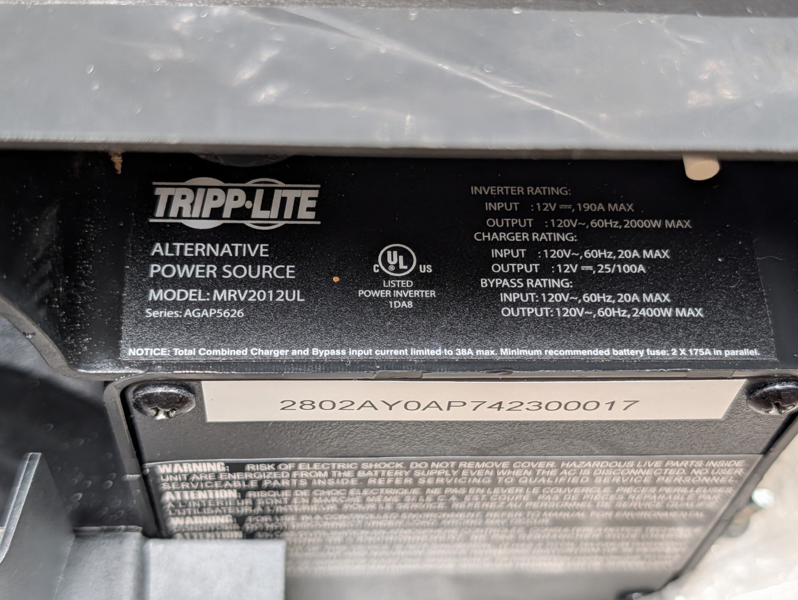 Tripp Lite mrv2012ul 2000w Inverter/Charger 12v UPS Hardwired