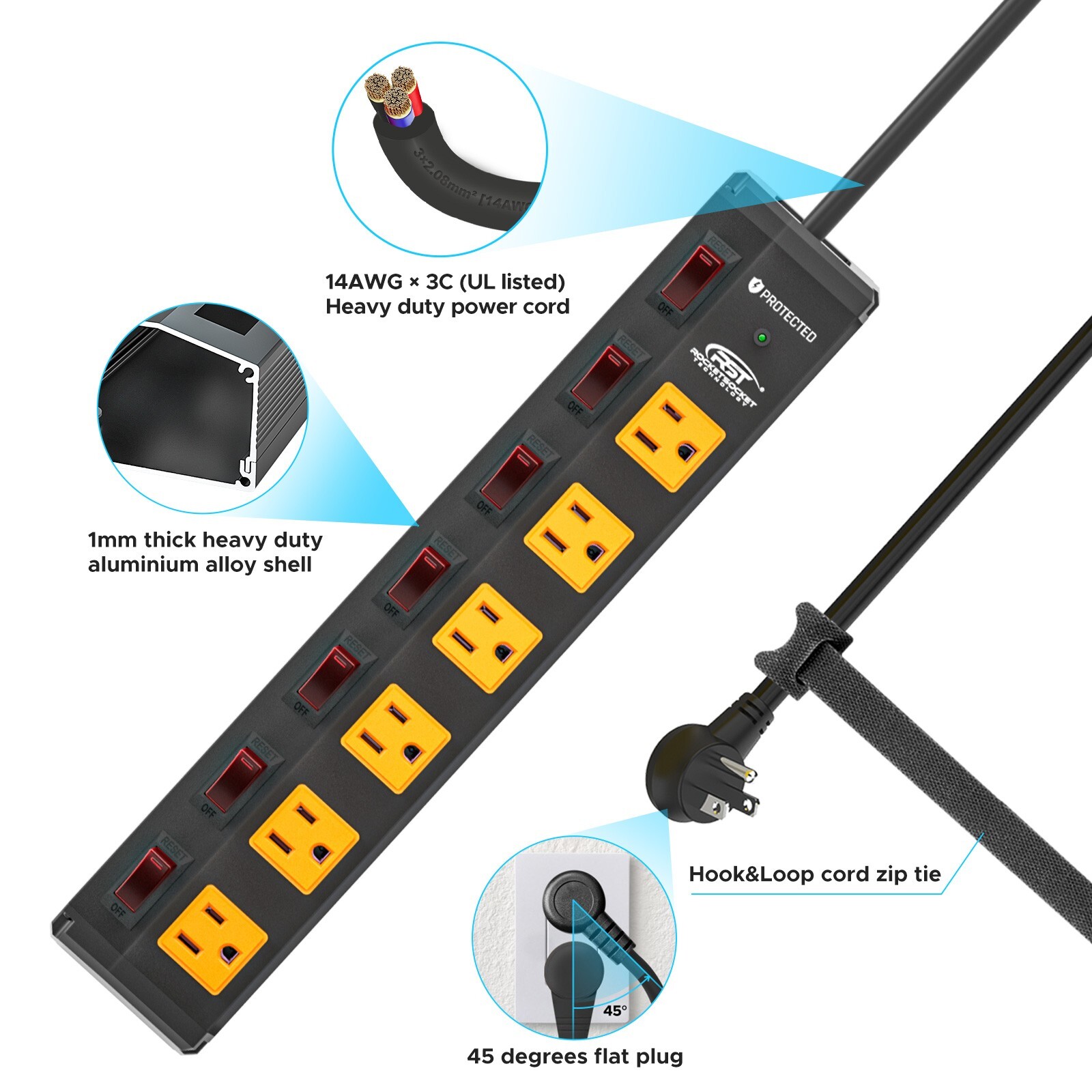 CRST Heavy Duty Metal Power Strip Wide Spaced 6-Outlet 6 Feet Cord,15A Circuit