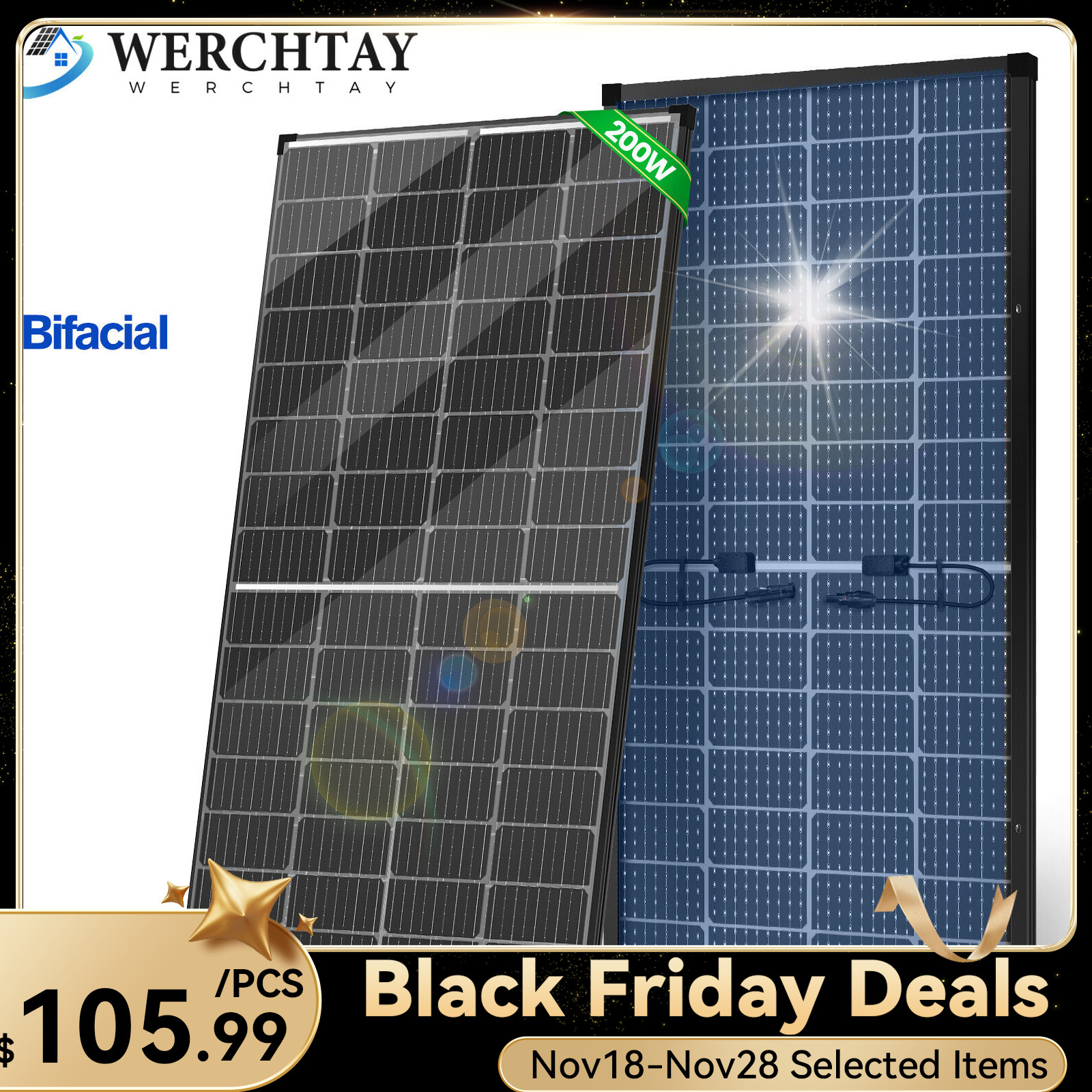 Bifacial 200W Solar Panel Home RV PV Power Off-Grid Boat Power Camping Battery