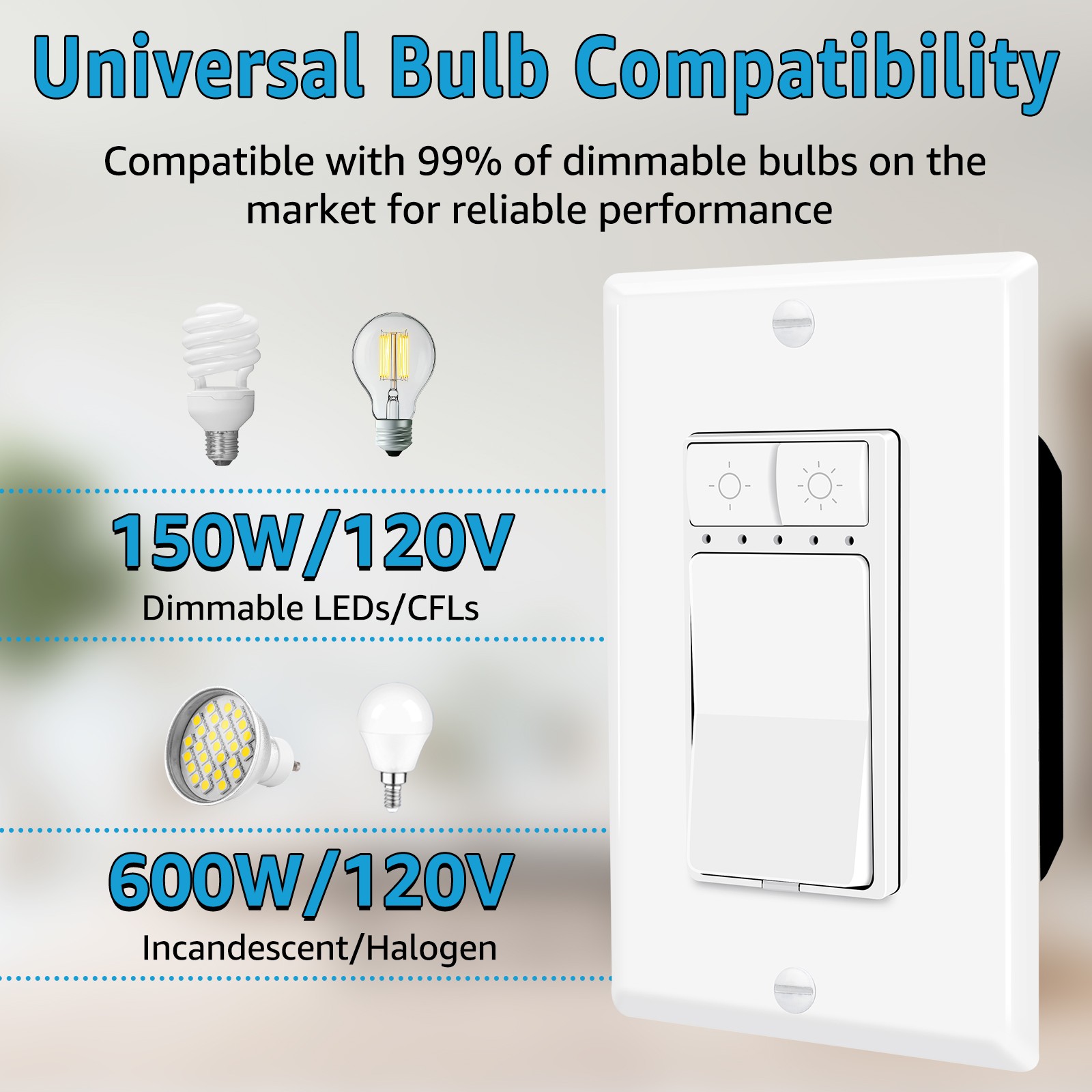 10Packs Single Pole Dimmer Switch for Dimmable 150W LED CFL Lights 600W Halogen