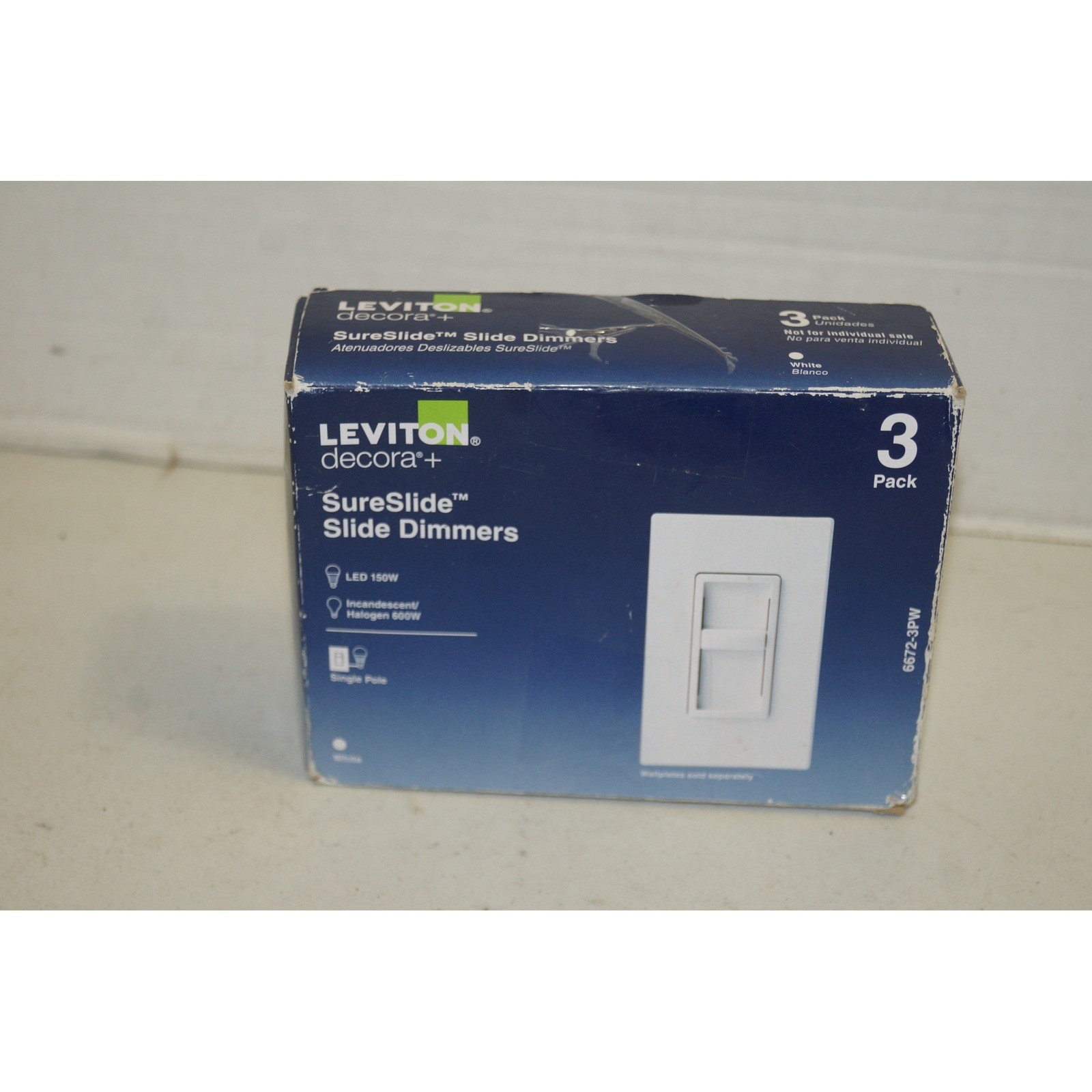 Leviton 6672-3PW Decora SureSlide Dimmer Switch White 3 Pack LED Incandescent