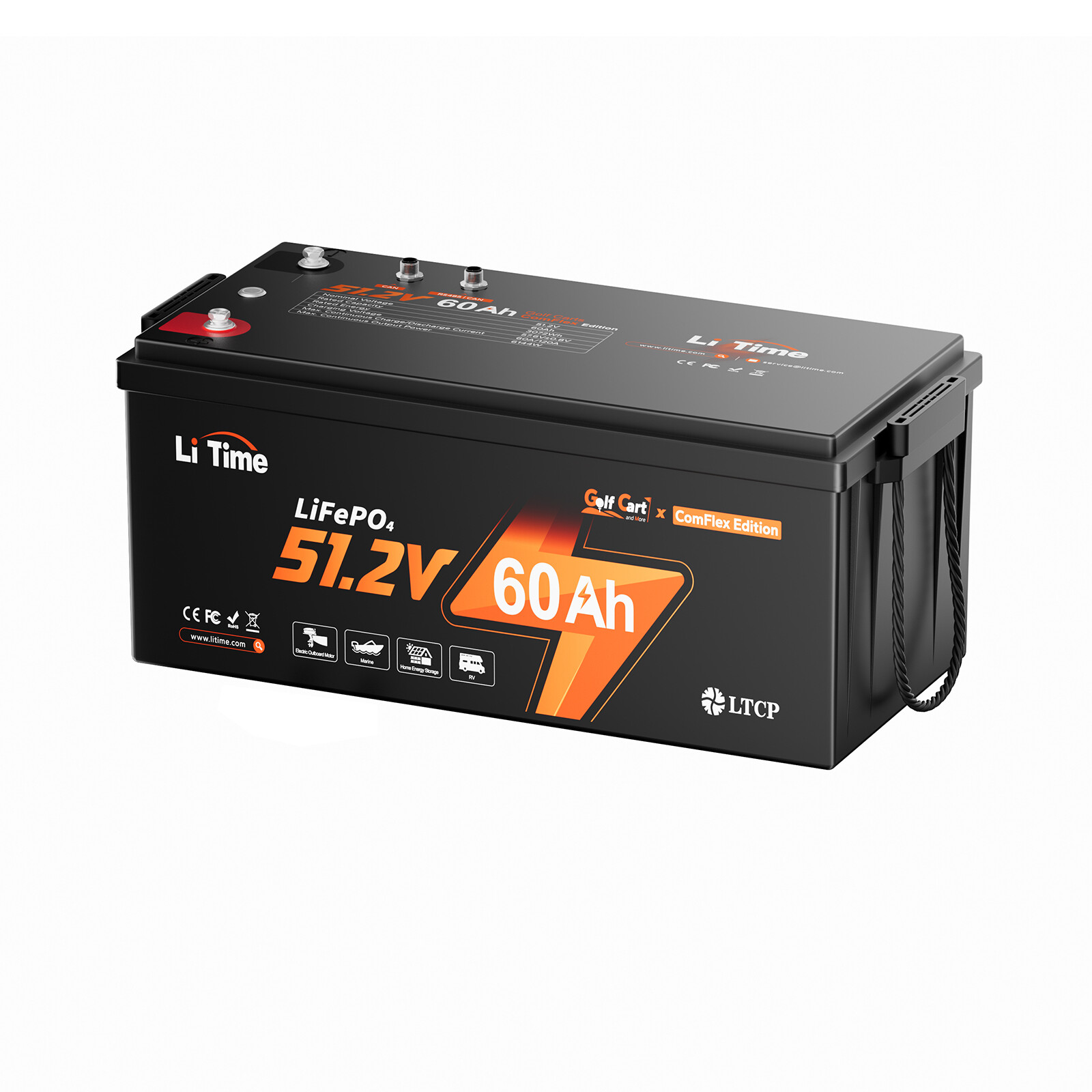 LiTime 48V 60Ah COM Lithium Golf Cart Battery with 58.4V 18A Charger+Monitor Set
