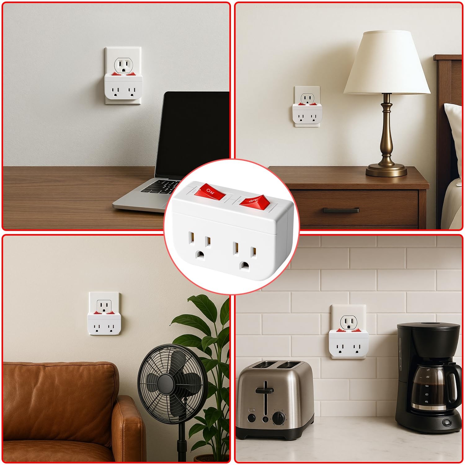 Grounded Outlet Wall Tap Adapter With Red Indicator On/Off Switch 3 PK Double